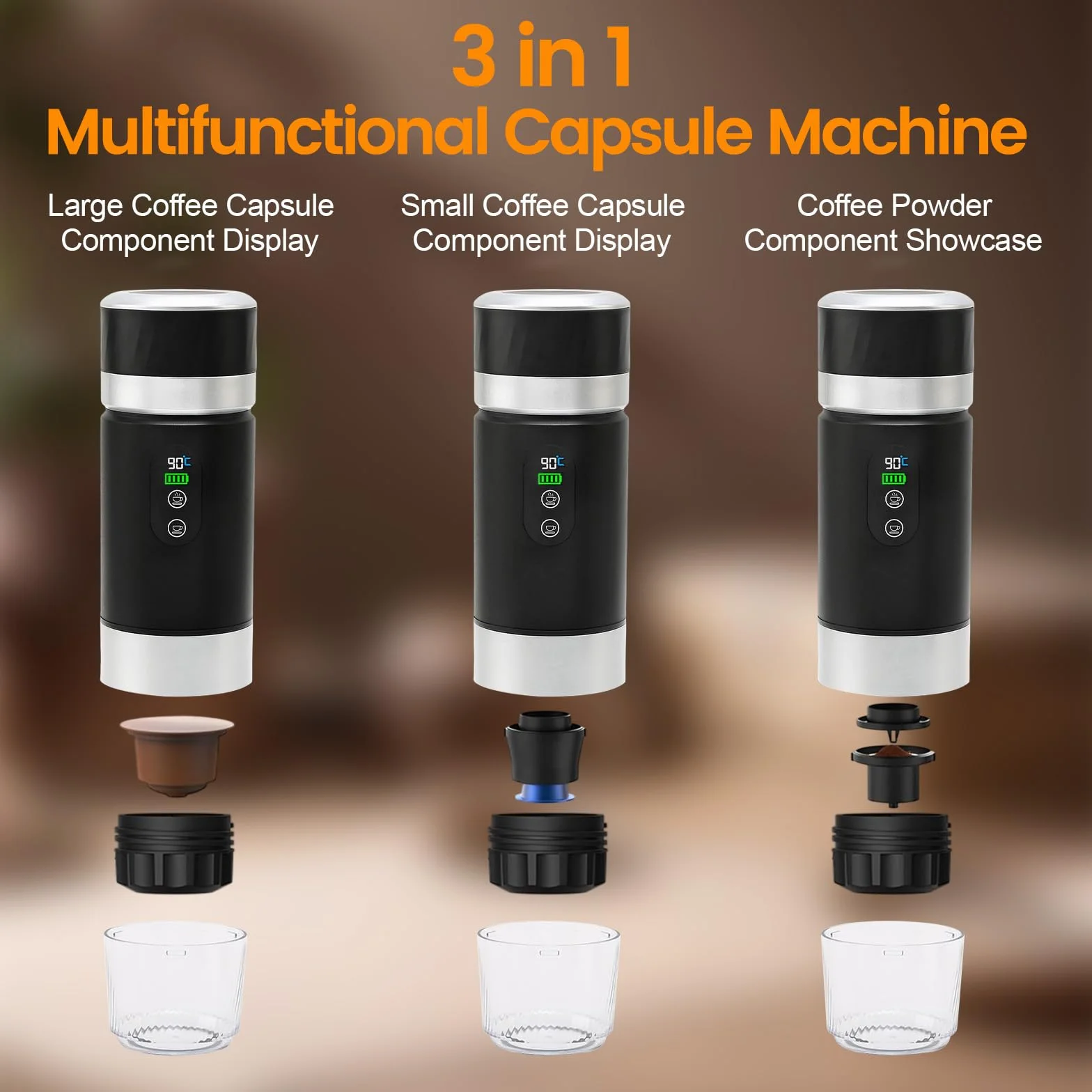 Cafetera Portátil Eléctrica 3 en 1 con USB, Compatible con Cápsulas y Café Molido, para Acampadas y Oficina (Negro)