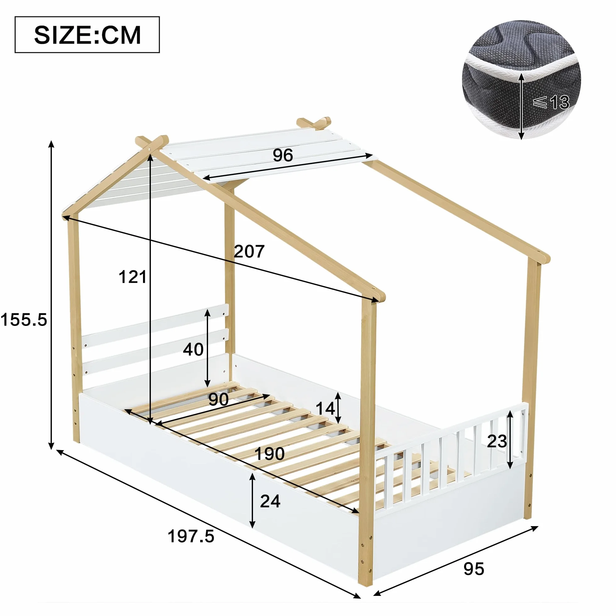 Cama Infantil 90x190 cm, Cama de Casa con Techo, Cama Nido para niños y niñas, Cama de Madera con Valla, Cama Familiar Individual con Protección Anticaídas y Somier, Blanco, Sin Colchón