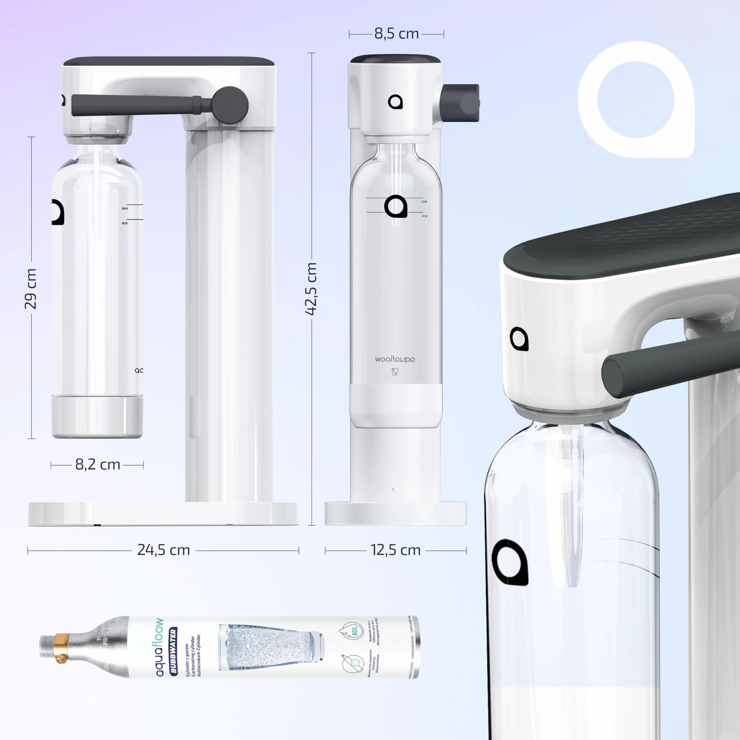 AquaFloow Carbonatador de Agua 2 Botellas 0,8L Cilindro CO2 60L Máquina Hacer Soda sin Electricidad Sparkling Water Maker Blanco