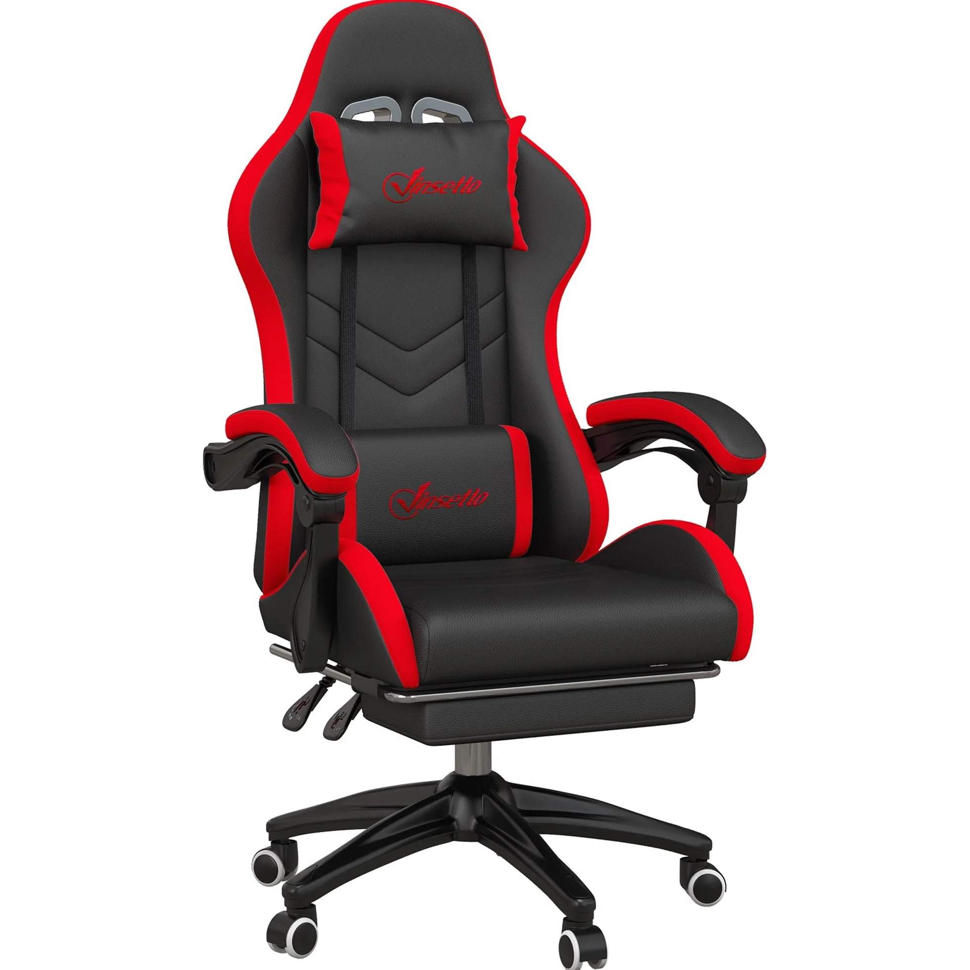 Vinsetto Silla Gaming Ergonómica de Cuero PU Reclinable 135° Soporte Lumbar Altura Ajustable Reposacabezas Reposapiés Retráctil Negro y Rojo