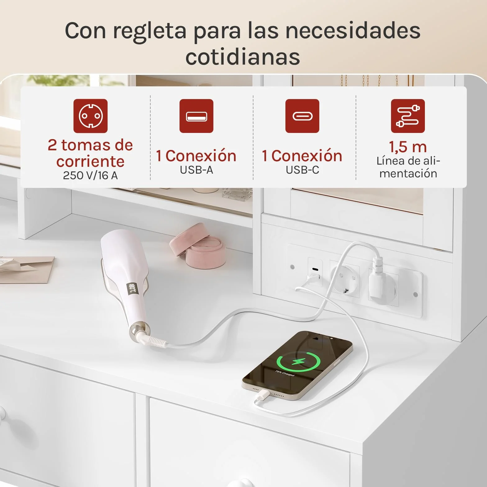 WOLTU Tocador Maquillaje con Joyero, Espejo Luz LED Ajustable, Mesa Tocador Maquillaje con Enchufes, Cajones y Estantes, Blanca, MB6125ws
