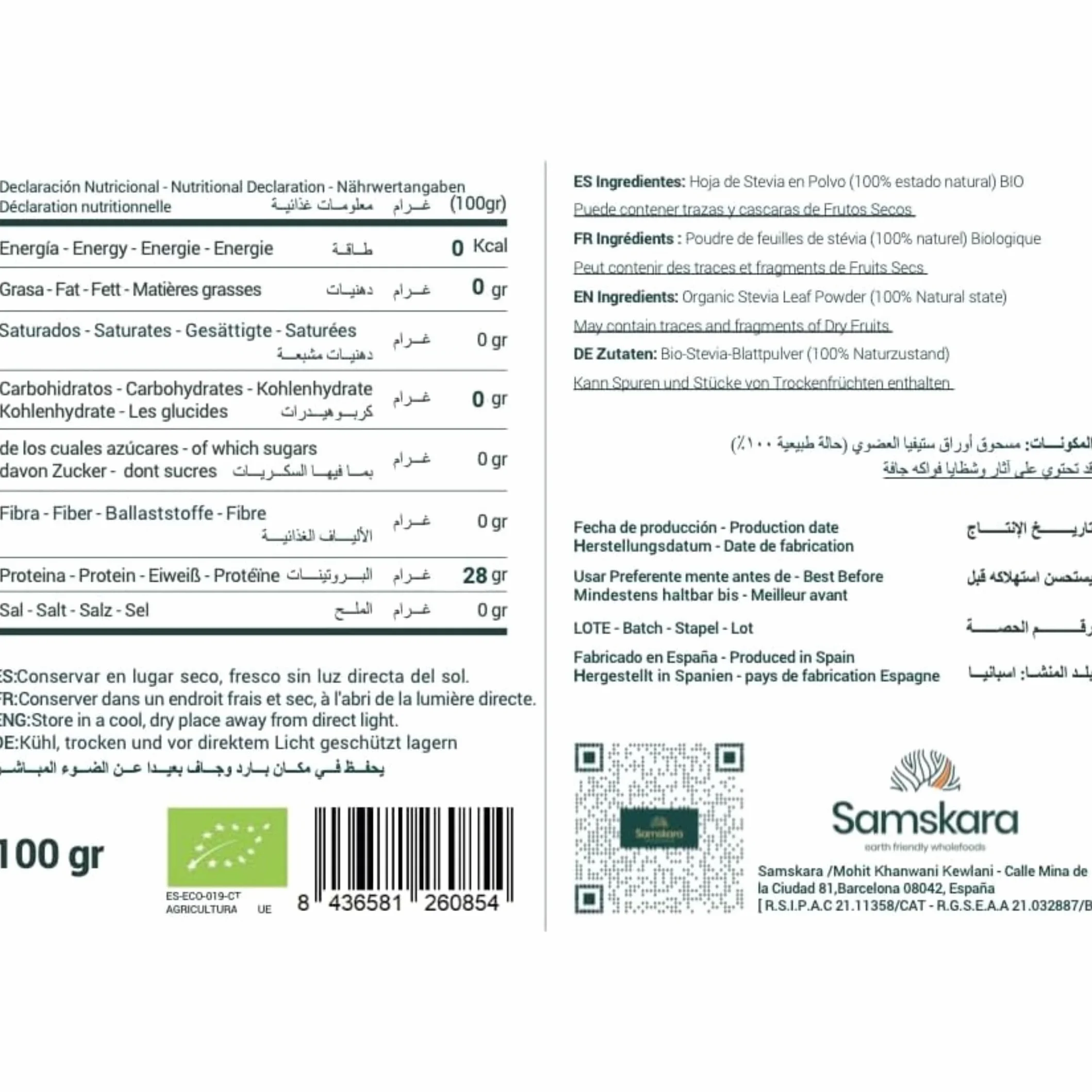 Stevia en Polvo Natural Pura Orgánica Hojas de Estevia Molidas 100% Naturales BIO Ecológico Endulzante 100 g