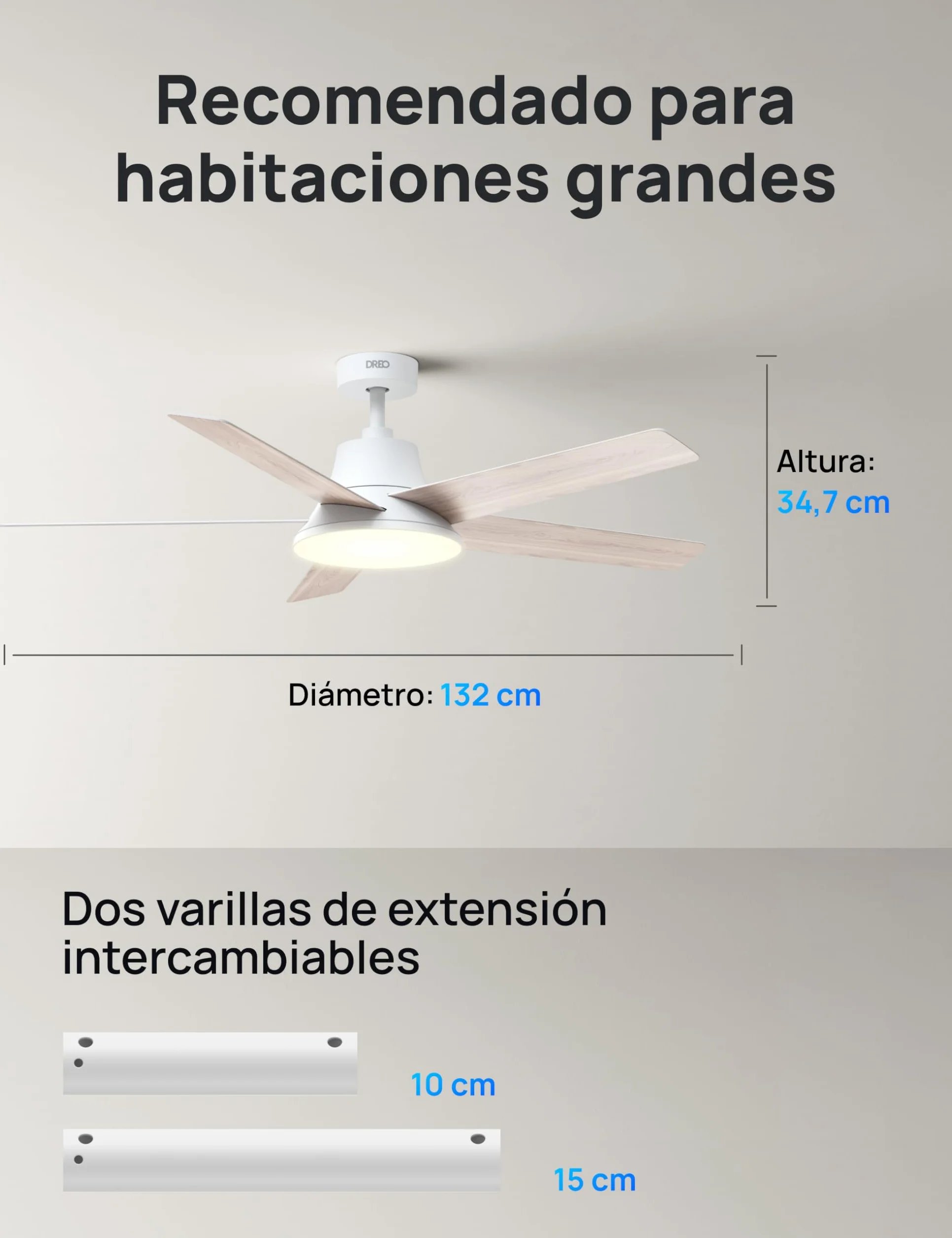 Dreo ventilador techo inteligente de 132 cm con luz LED regulable, 12 velocidades, 3 modos, temporizador de 12h, motor DC silencioso, control por control remoto/APP/Alexa, blanco para interiores
