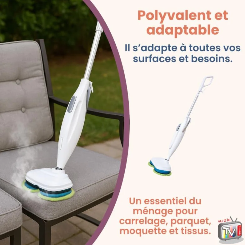 STEAM TWISTER/STEAM SPINNER – TELESHOPPING – VENTEO – Escoba de vapor automático – Doble cabezal giratorio – Vapor hasta 120 °C – Disco de microfibra lavable – 8 accesorios