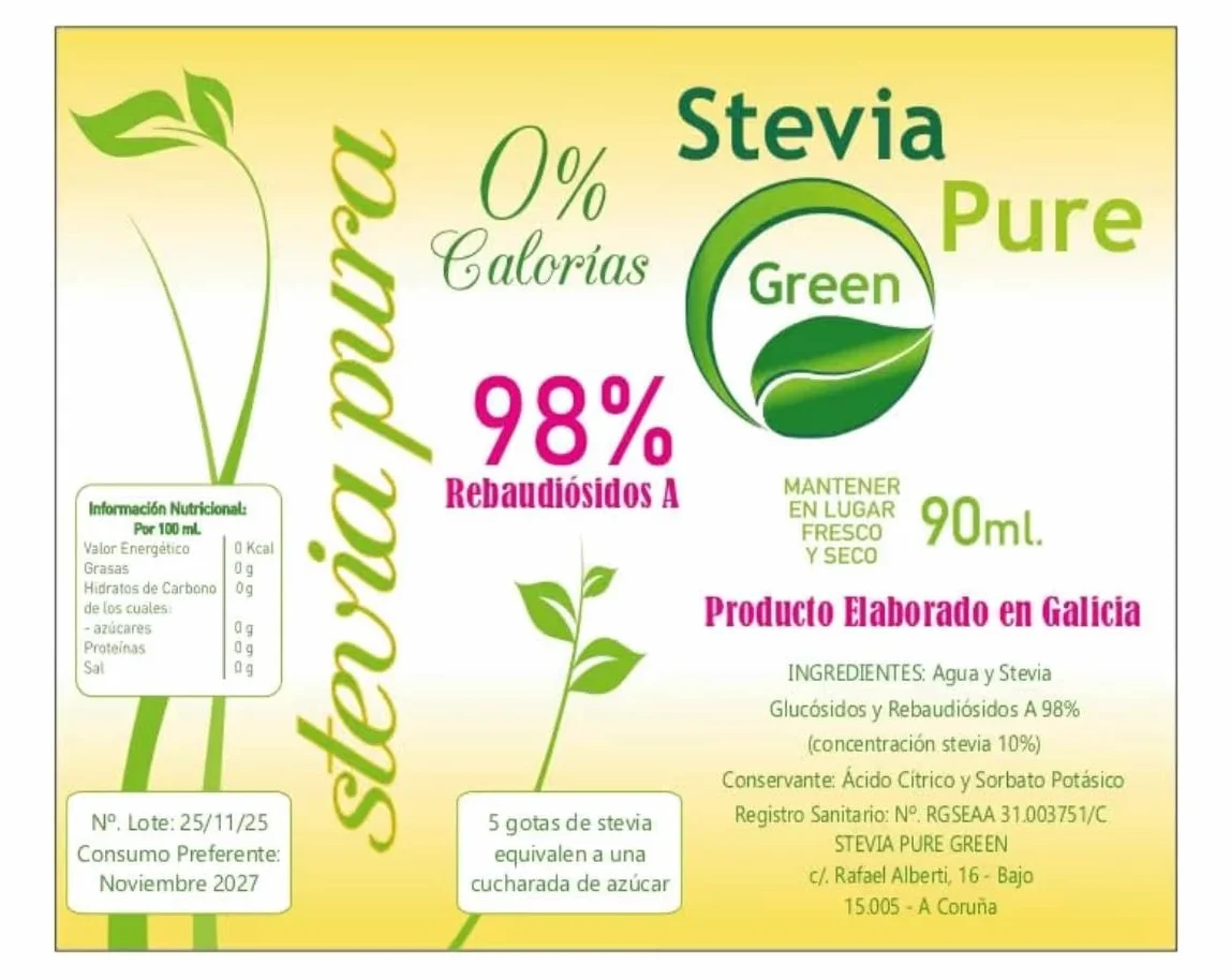 Stevia Gallega Pure Green Stevia Líquida Edulcorante Vegano Sin Calorias 90 ml