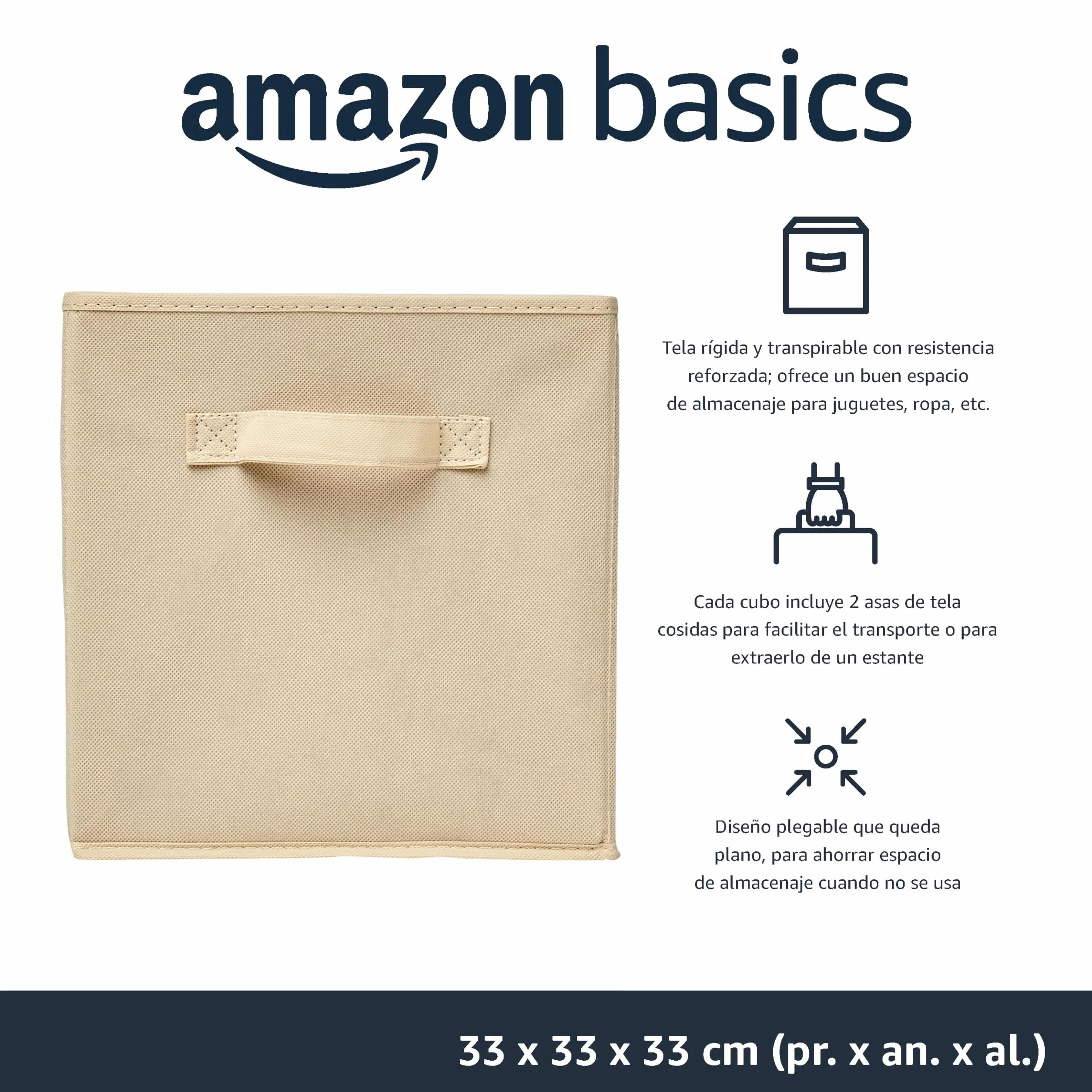 Amazon Basics Cubos de almacenamiento, de tela, plegables, con asas, 33x33x33 cm, color beige, juego de 6