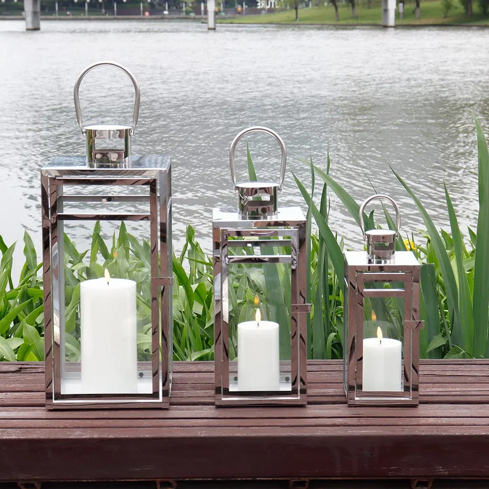 TRIROCKS Set de 3 Faroles Decorativos de Acero Inoxidable 48/38/30 cm Altos, Soportes Colgantes de Metal con Vidrio Transparente para Sala, Mesa y Exterior (Plata)