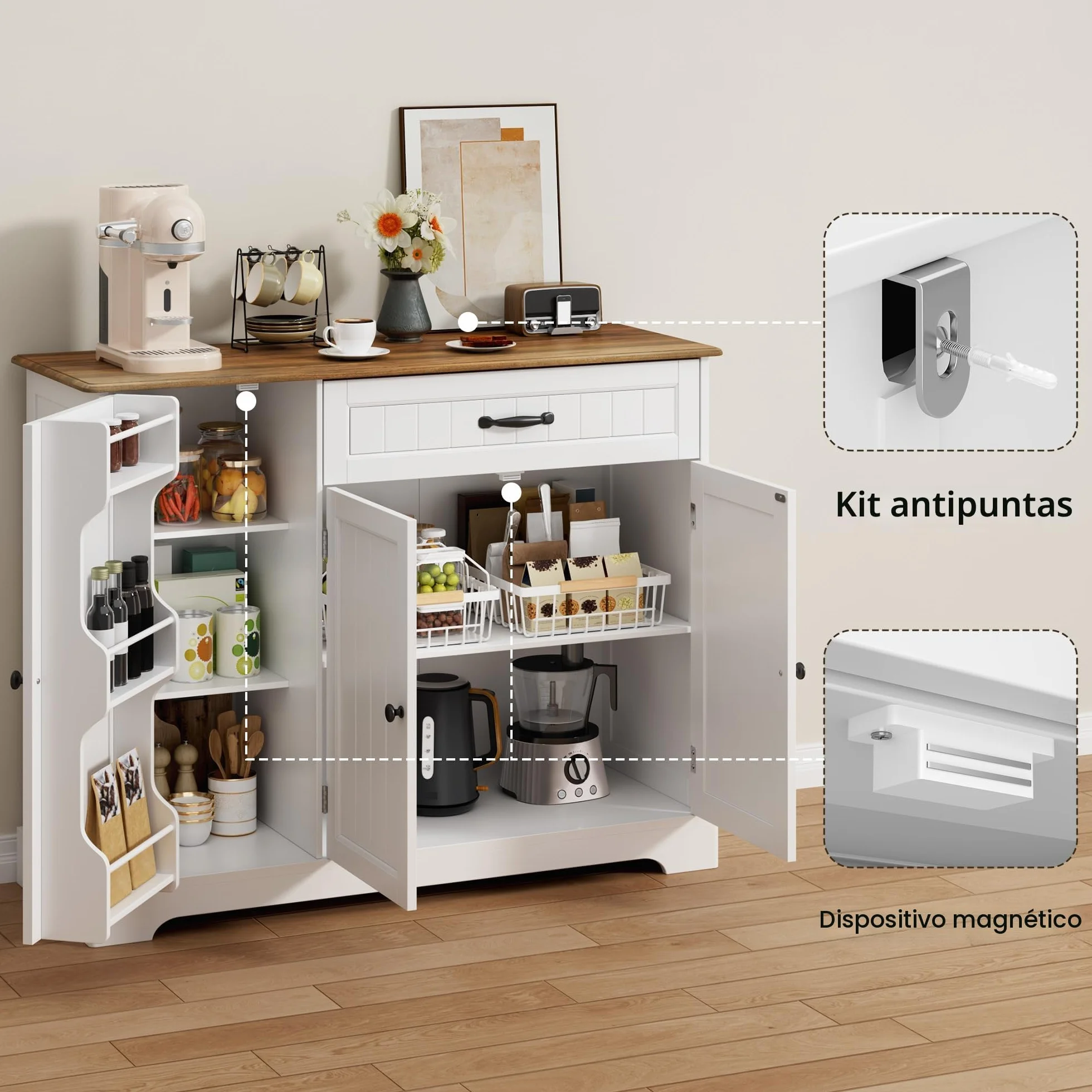 Xbro Aparador de Cocina con Cajón y Puertas, Mueble Auxiliar de Almacenaje con Estantes, para Cocina, Salón o Comedor, de Estilo Moderno, 105×40×84,5 cm