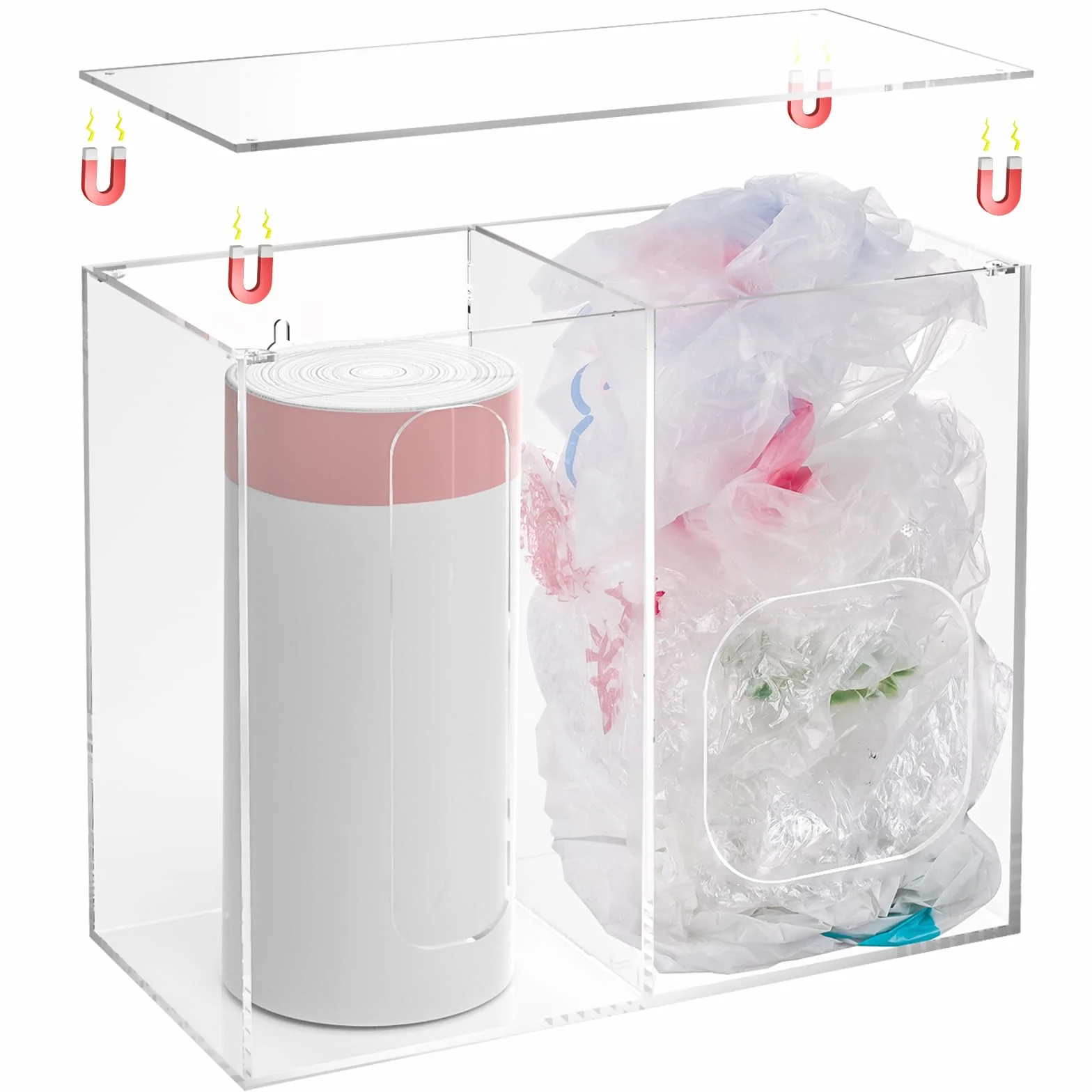 NiHome Soporte para bolsas de comestibles y dispensador de bolsas de basura de acrílico transparente 2 en 1 con tapa magnética, ahorro de espacio con opciones de montaje flexibles para el hogar y la