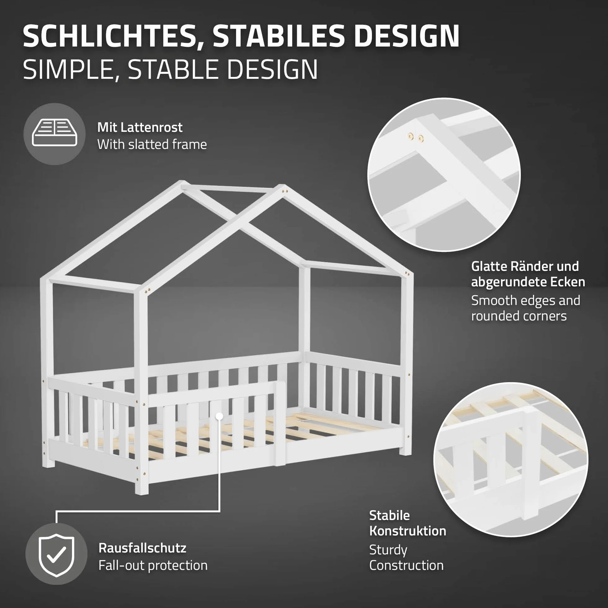 ML-Design Cama Infantil Casa 70x140 cm Madera Blanca Maciza de Pino, Casita Estilo Montessori con Somier de Láminas, Techo y Protección Anticaída, Cuna Baja de Suelo para Niños, Litera Junior