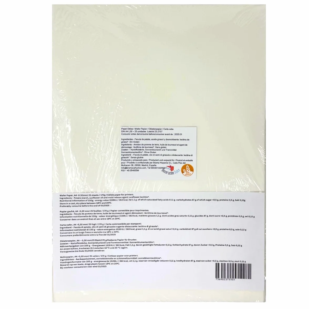 Papel de oblea para tartas blanco L30 0.3mm Bramacartuchos