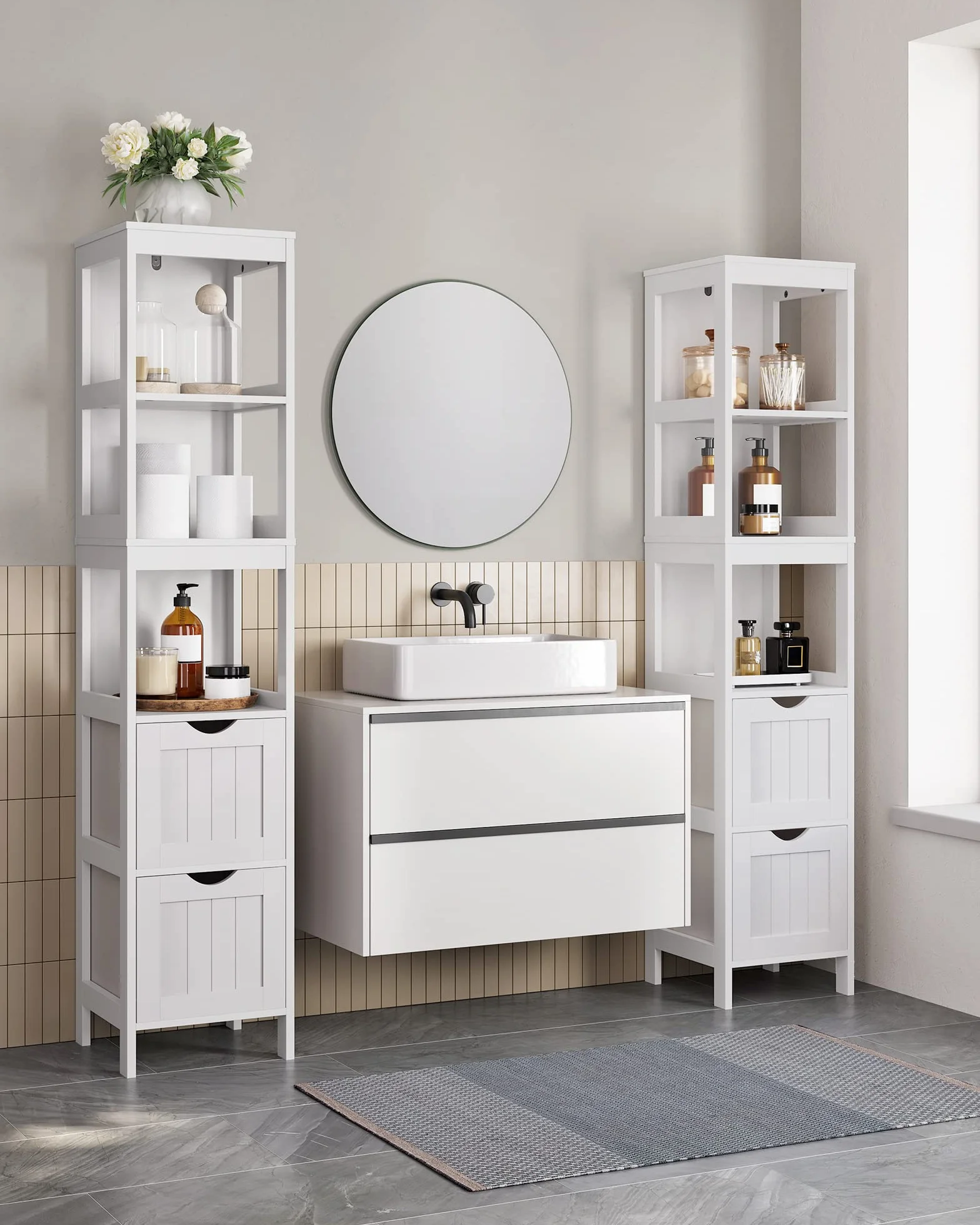 VASAGLE Mueble de Baño Armario Independiente Cómoda 2 Cajones 3 Compartimentos Blanco BBC66WT