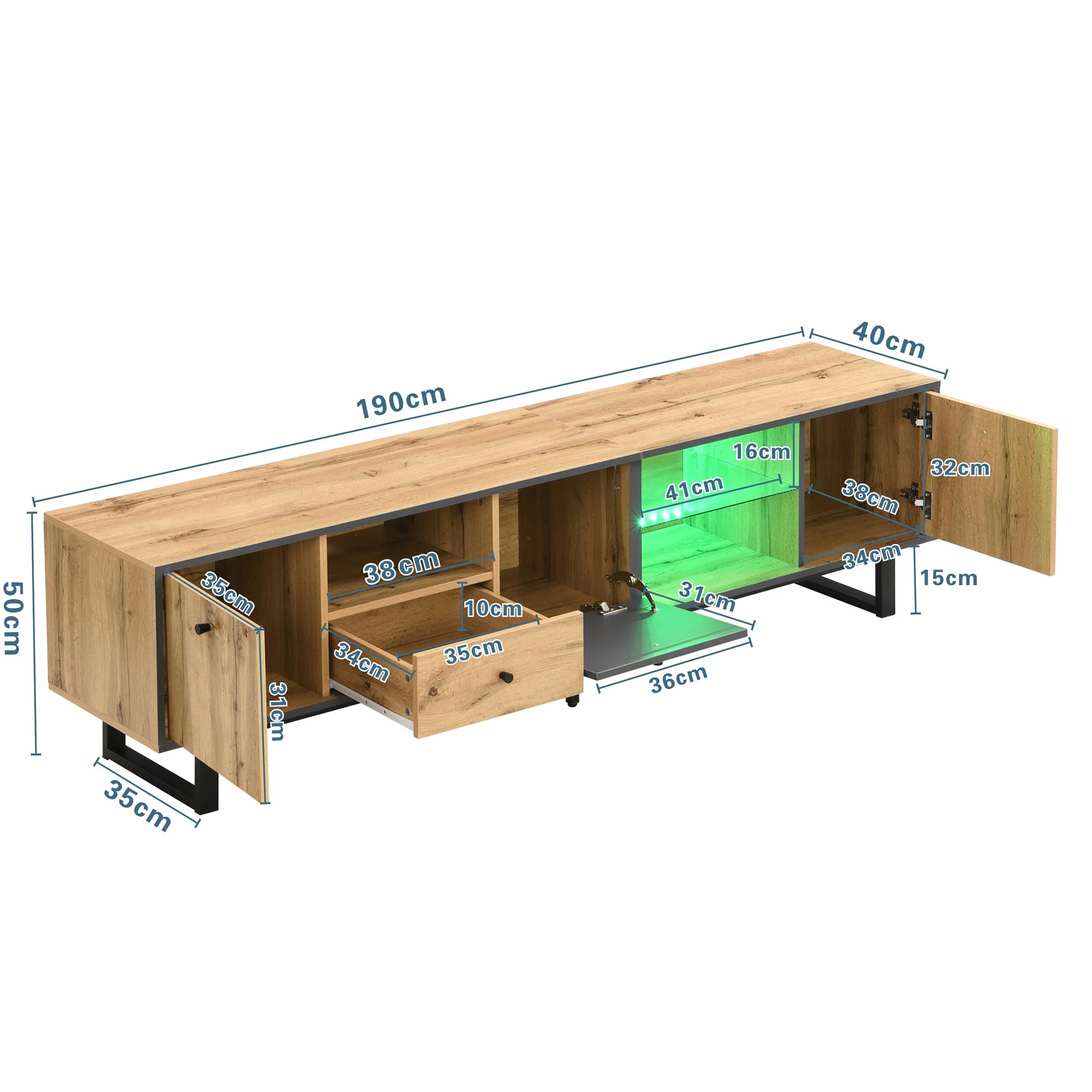 LAKFEW Mueble TV Salon de hasta 80 Pulgadas, Muebles TV con Iluminación LED y 3 Puertas, Muebles de Salon con 1 Cajón y 3 Compartimentos, Mueble Television, 190x40x50 cm, Natural
