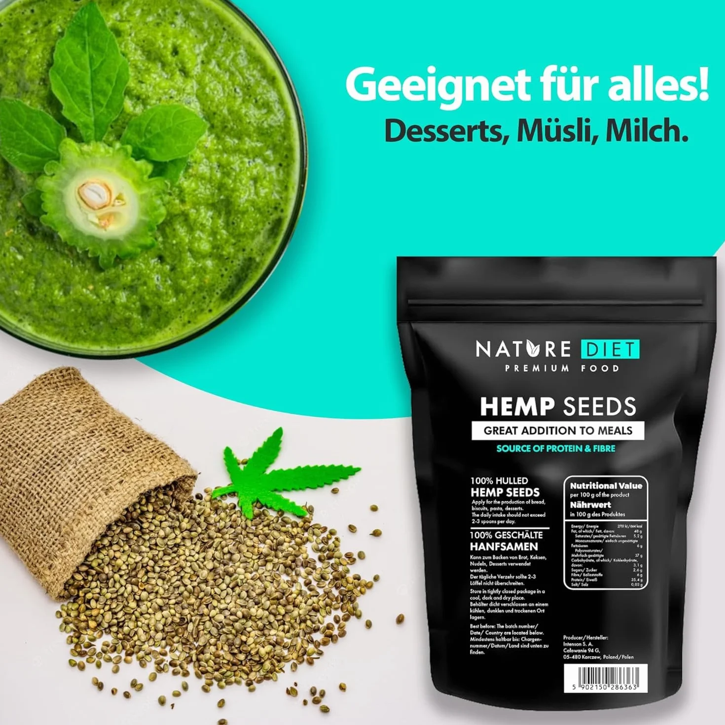 Nature Diet Semillas de Cáñamo Peladas 500 g Ricas en Proteínas Fibra Vegano Sin Gluten Sin Lactosa