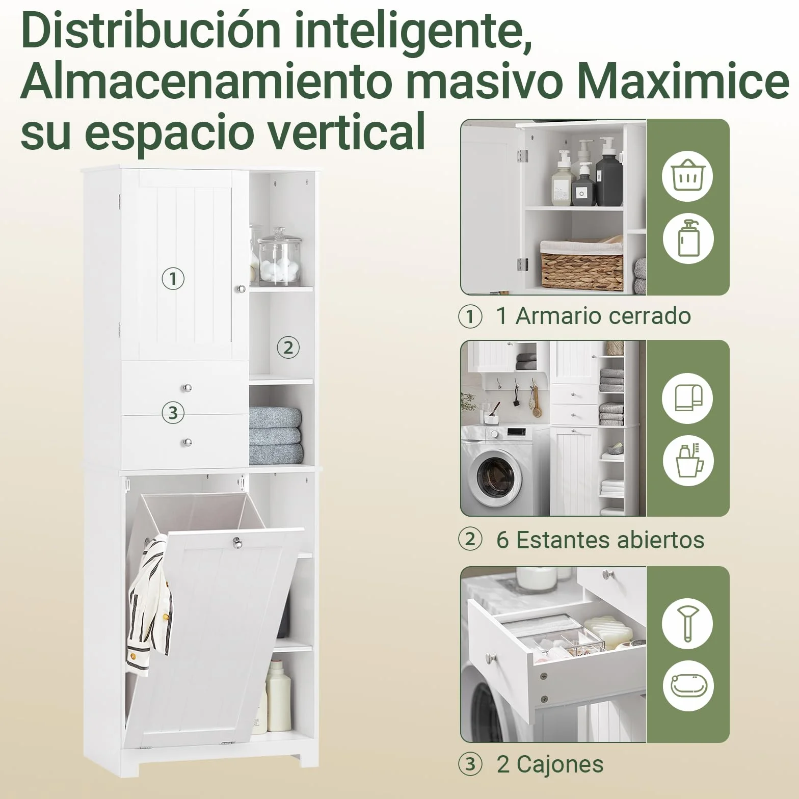 SoBuy Mueble Baño con Cesto De Ropa Sucia Y 6 Estantes, 60x37x171 Cm | Armario alto con 6 estantes y 2 cajones para ropa, toallas y productos de baño; ideal para familias. Blanco. BZR104-W