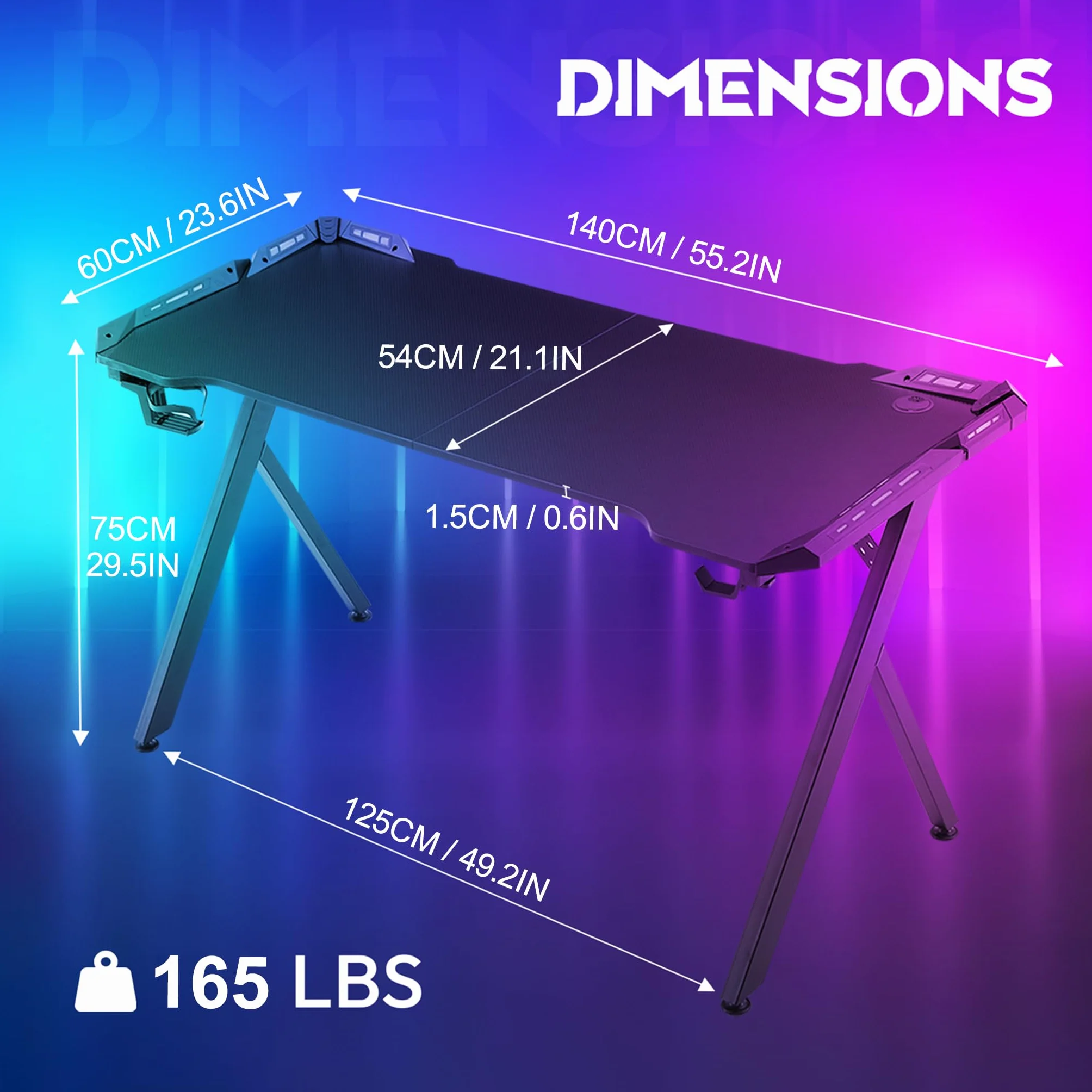 LZQ Mesa de juegos con LED RGB 140 x 60 cm, escritorio ergonómico para gamer PC con superficie de fibra de carbono, mesa de juegos RGB con mando a distancia y gancho para auriculares, color negro