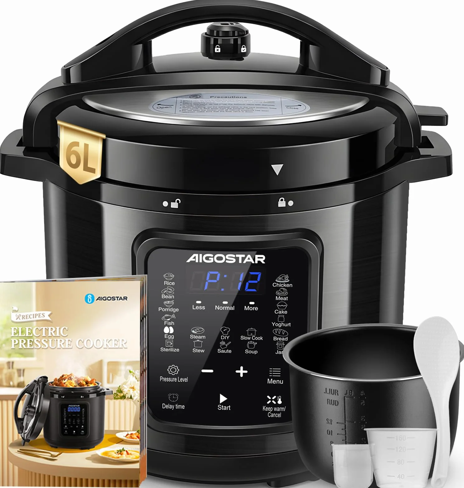 Aigostar Derrick Black - Olla Eléctrica Programable 6 litros, 18 Menús, Programable 24 horas, Panel LED Táctil, Recipiente Extraíble Antiadherente, Temperatura ajustable, Presión ajustable, 1000W