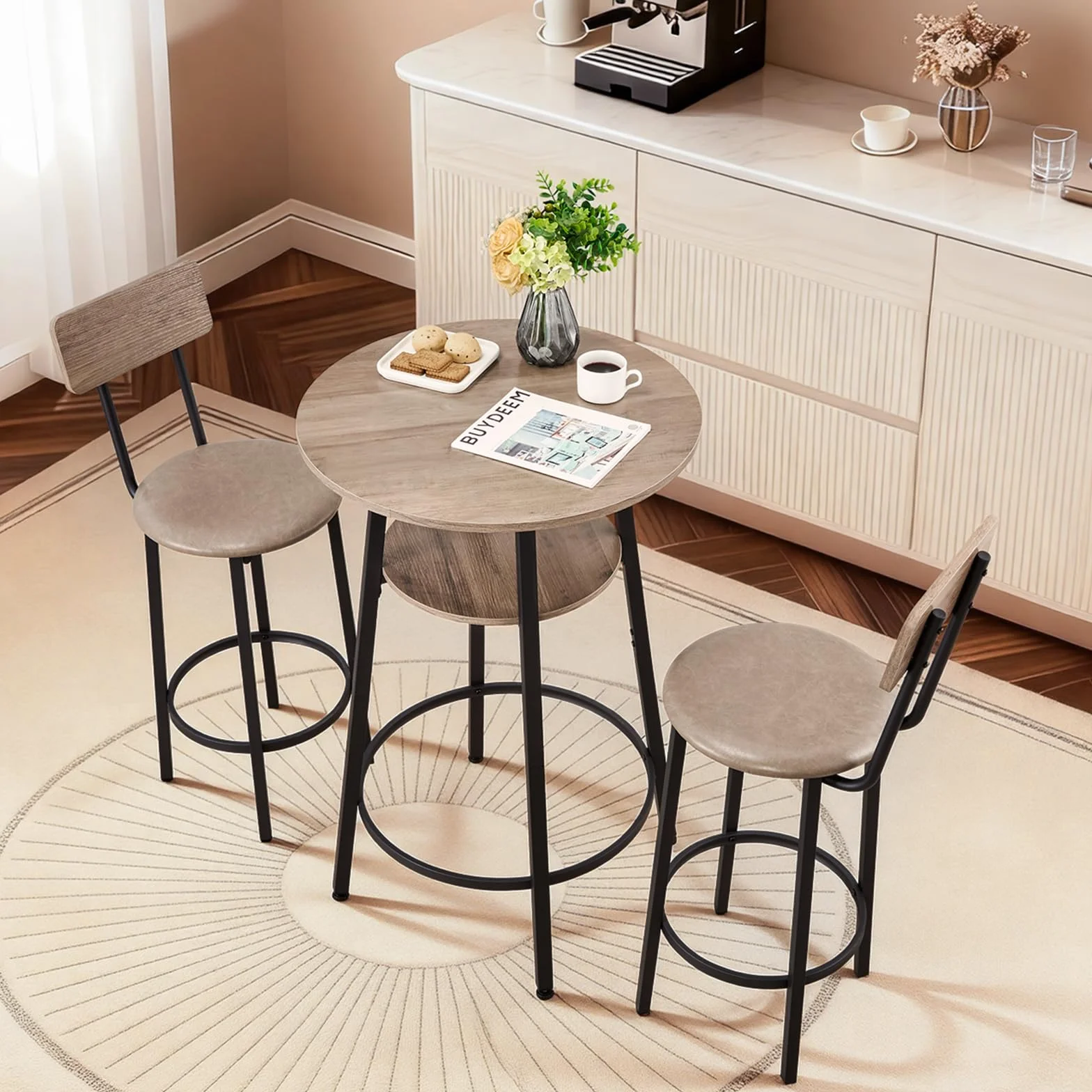 VEVOR Mesa de Bar Redonda con 2 Taburetes 60 x 60 x 91,5 cm, Juego de Mesa Alta para Comedor, Metálica Fuerte Duradera, Estilo Industrial Moderno, para Cocina Salón Bar Estrecho Barra Alta Desayuno