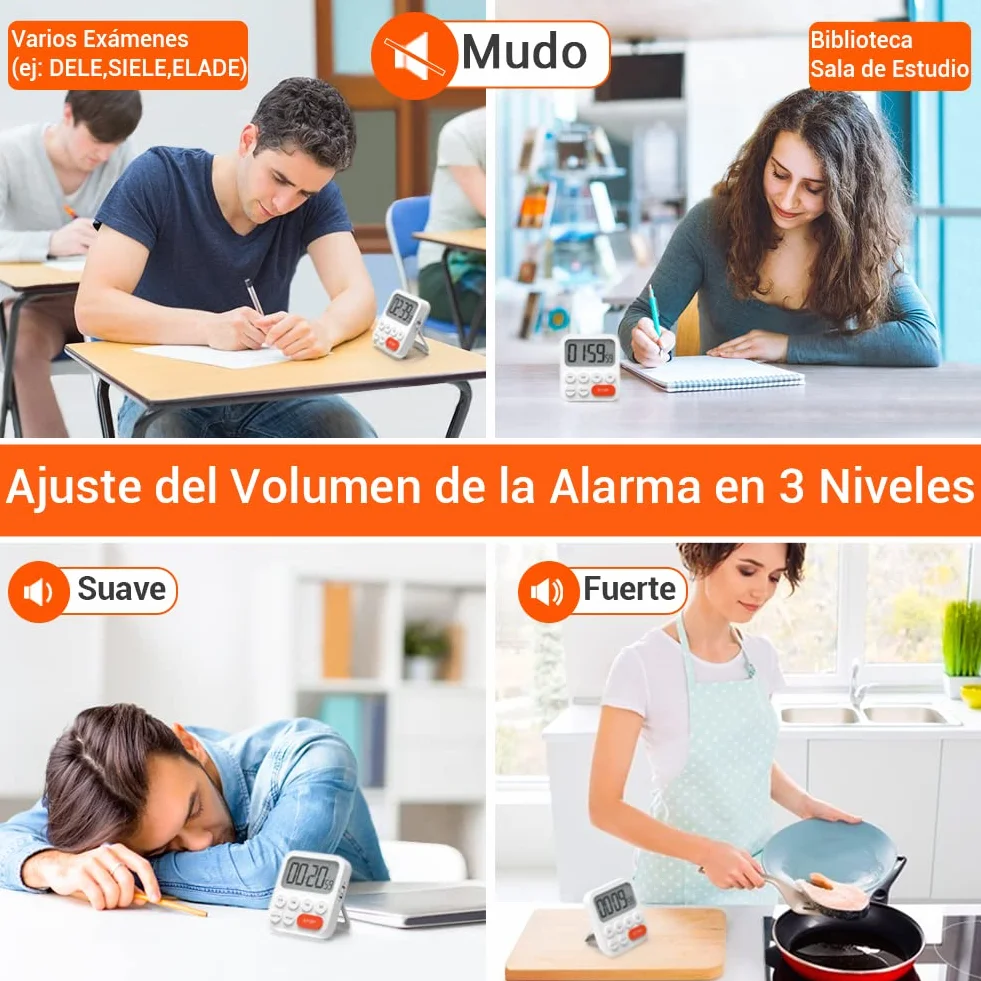 LIORQUE Temporizador de Cocina Digital Multifunción con Reloj, Ajuste Rápido, 3 Niveles de Volumen, Respaldo Magnético, Soporte Plegable