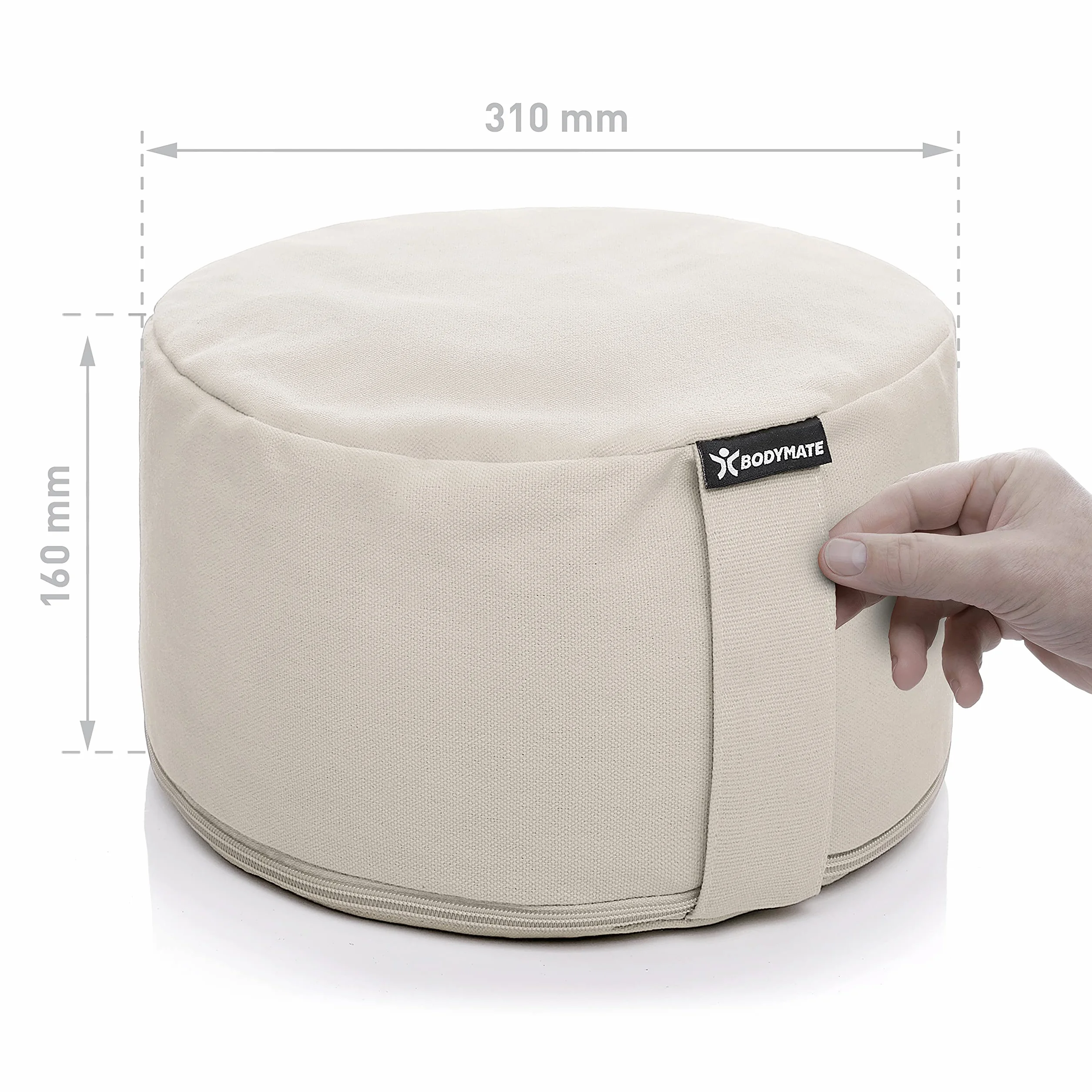 BODYMATE Cojín de yoga redondo de 31 cm de diámetro, 16 cm de alto, color beige con relleno de piel de trigo sarraceno, funda lavable a máquina, 100% algodón extragrueso, cojín de meditación, cojín de