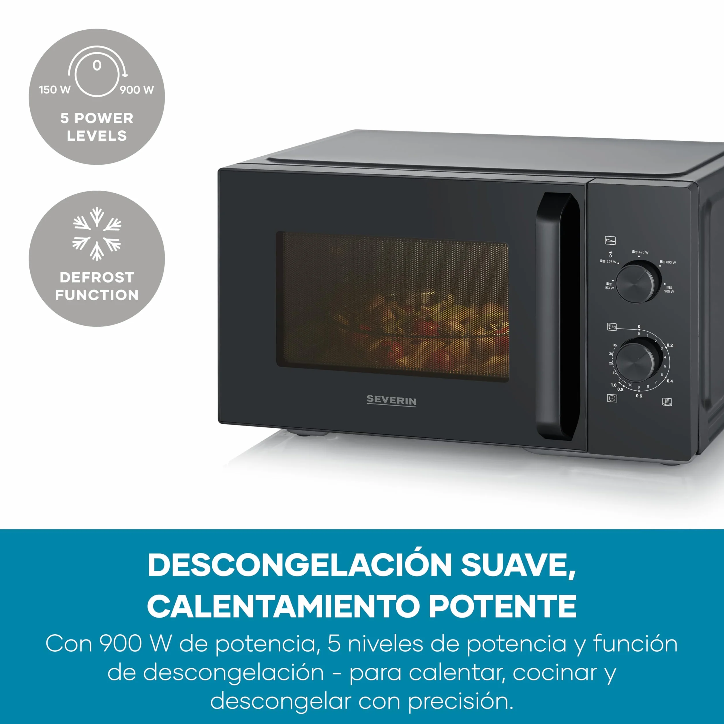 Severin Microondas, para descongelar y calentar, interior XXL, 28 l, horno microondas con plato giratorio de cristal extraíble, 5 niveles, temporizador de 35 minutos, 900 W, negro/metal, MW 7796