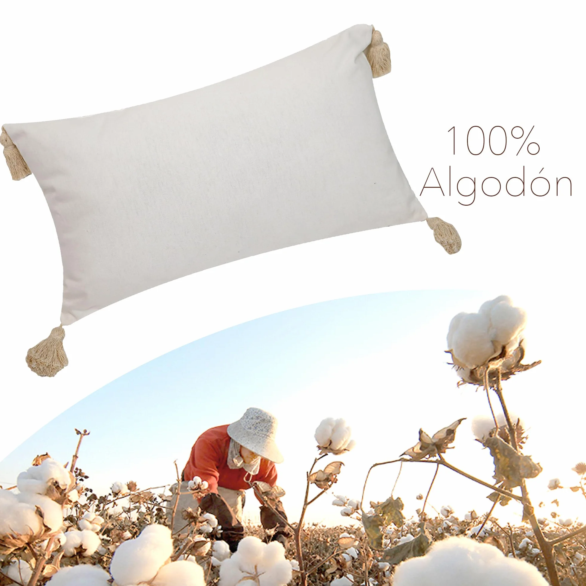 Pack 2 Cojín Decoración 100% Algodón con Borlas, Cremallera Oculta, Beige, 30x50cm