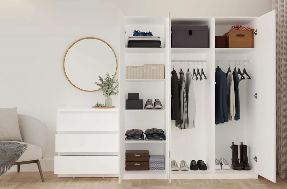 BDW SD-50 Armario, 50 x 50 x 180 cm, 4 estantes, barra para ropa Ideal para un dormitorio, pasillo, habitación infantil o oficina | Perchero, guardarropa (Blanco)