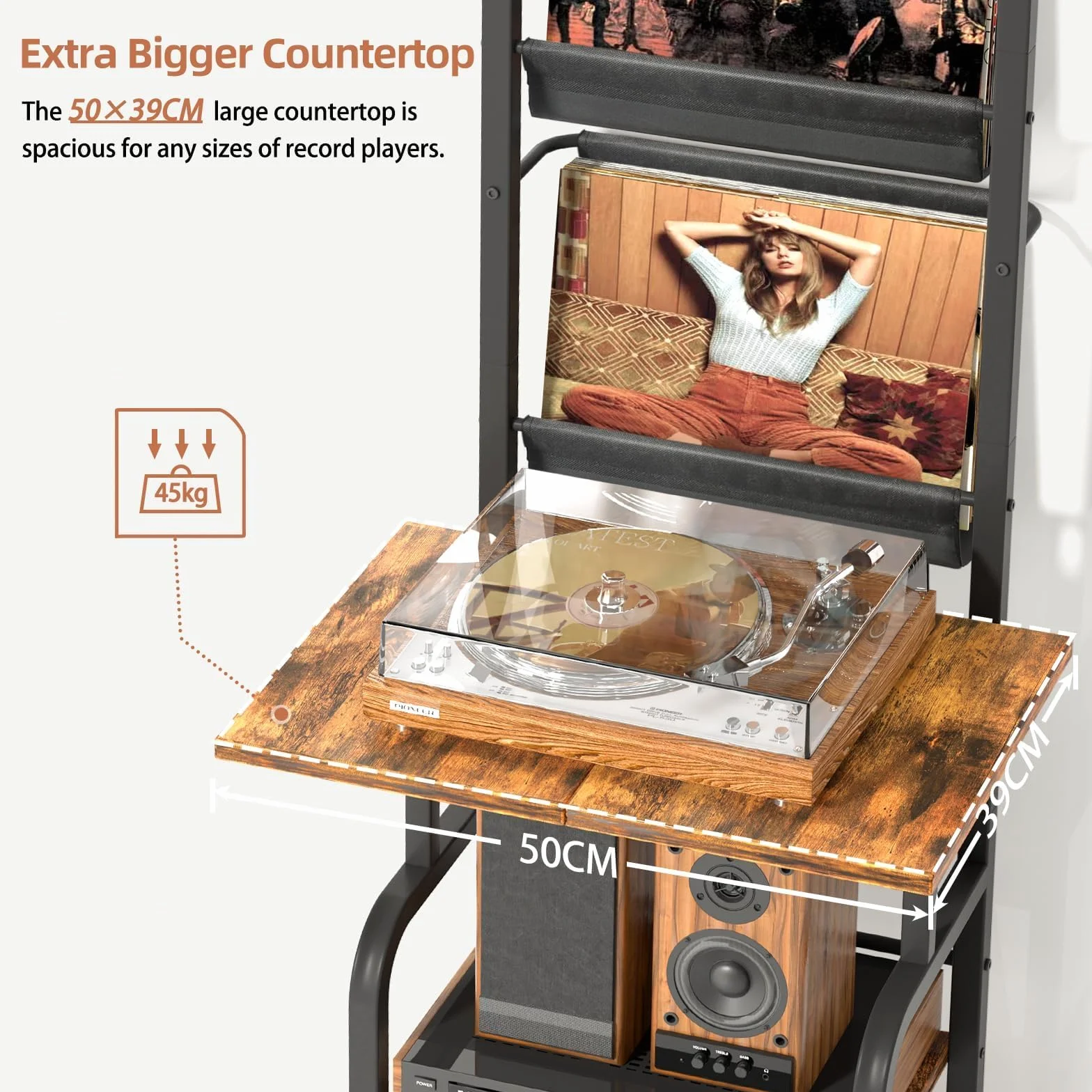Bikoney Mueble Tocadiscos Alto con Almacenamiento para Vinilos – Estante para Tocadiscos con Soporte de Pared, Organizador para Hasta 200 Discos de Vinilo