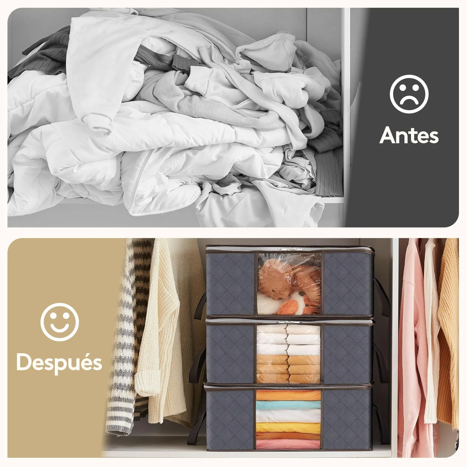 Lifewit Cajas Almacenaje Ropa Plegable Organizador Armario Tejido Resistente Ventana Transparente Gris 35 L 3 Piezas