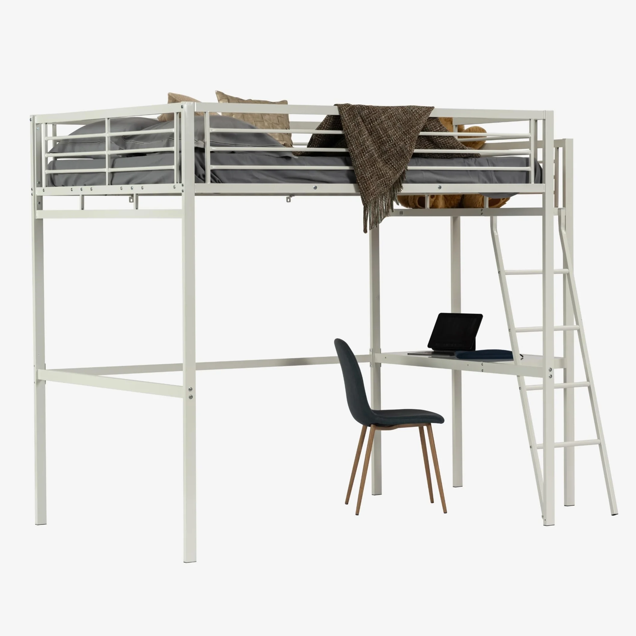 MEUBLE Cosy Literas Juveniles Cama Alta Estructura de Metal Doble 140 x 190 cm con Escalera y Escritorio para niños, Adolescentes y Adultos, Estilo Industrial, Blanco