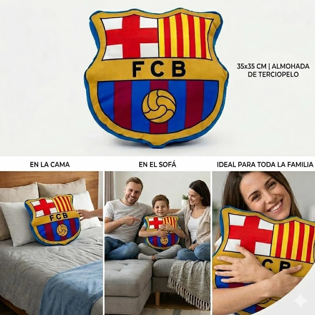 FC Barcelona Cojín 35x35 cm de Terciopelo Suave con Relleno de Fibra Hueca Siliconada – Decorativo, Cómodo y Resistente para Sofá o Cama