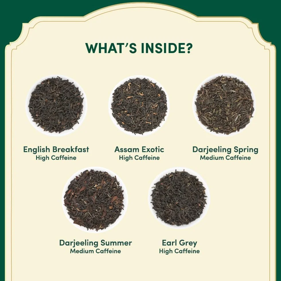 VAHDAM Té Negro Surtido 5 Sabores 20 Bolsitas Piramidales Assam Darjeeling Sin Gluten