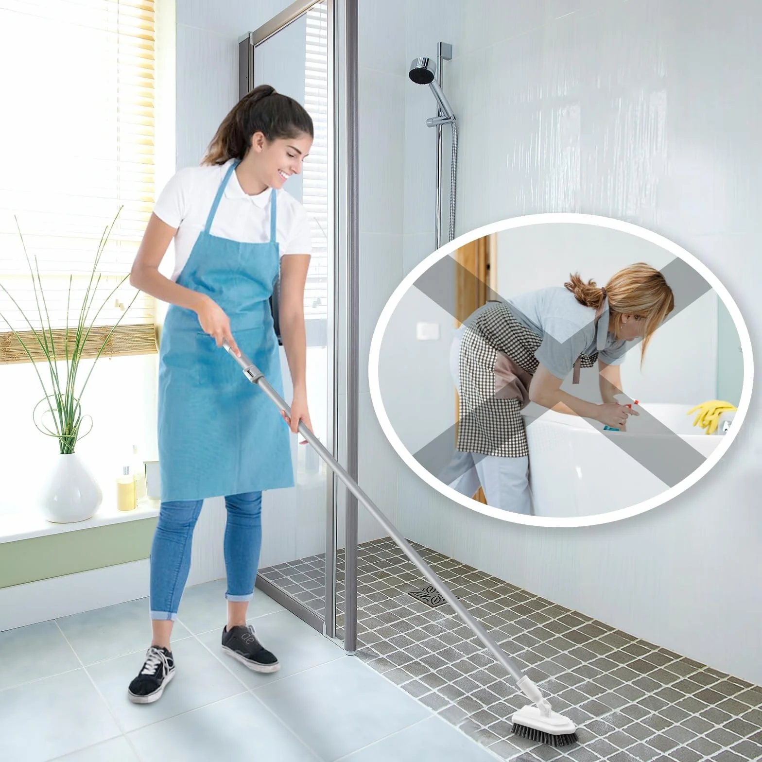 Mitclear 3 en 1 Cepillo de Limpieza Ducha con Mango Telescópico(135cm), Limpiador de Azulejos Baño Largo, Mopa con Cepillo, Esponja & Microfibra para Limpiar Ducha Azulejos Baño Cocina Pared y Suelo