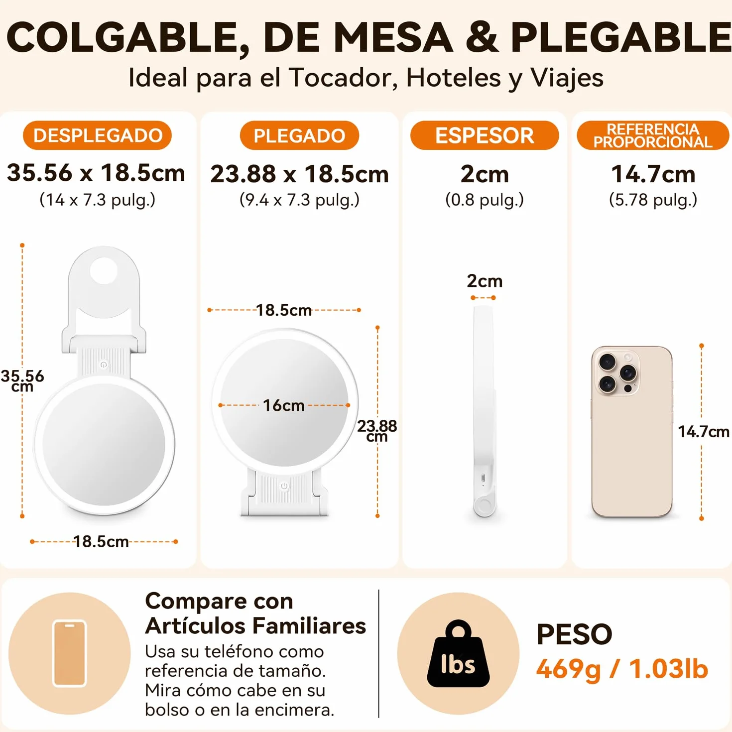 Espejo Maquillaje con Luz LED 30X/1X Aumento Doble Cara 72 Leds 3 Colores Regulable 2000mAh Recargable USB Colgable Pared Portátil Blanco