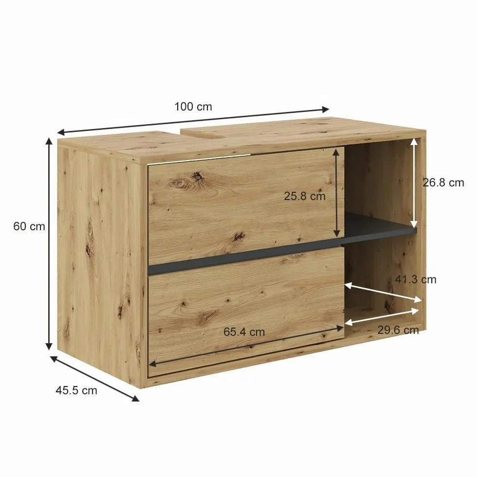 Vicco Mueble para Lavabo Viola, Roble Artesanal, 100 x 60 cm, con Recorte para sifón y estantes Abiertos para Montaje en Pared