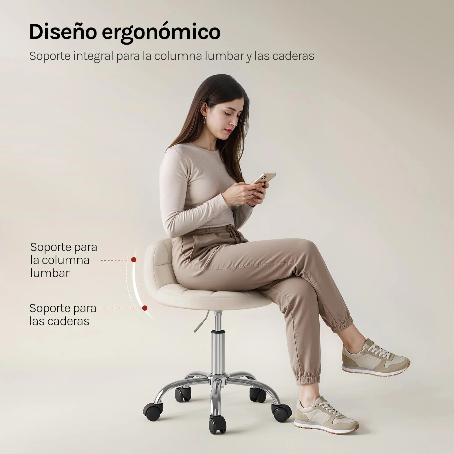 WOLTU Silla de Tocador Terciopelo, Taburete Giratorio con Respaldo Bajo, Altura Regulable 43,5-55 cm, Estructura Metálica Crema