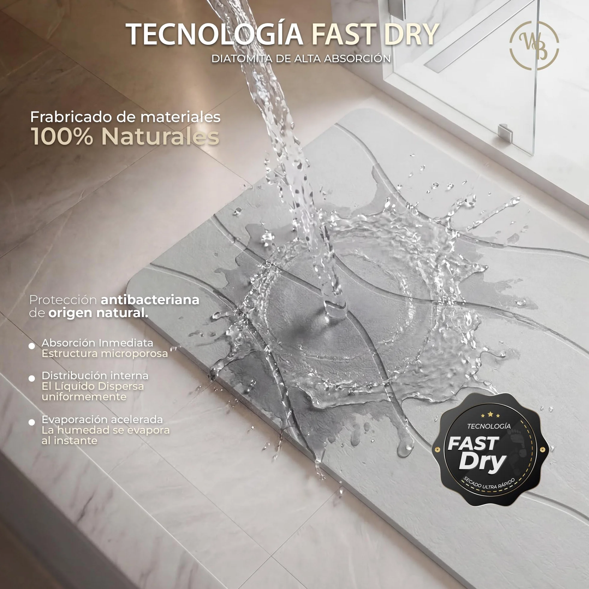 Alfombra Diatomita Baño Fast Dry 60x40 Antideslizante Antibacteriana Gris Stone Bath Mat