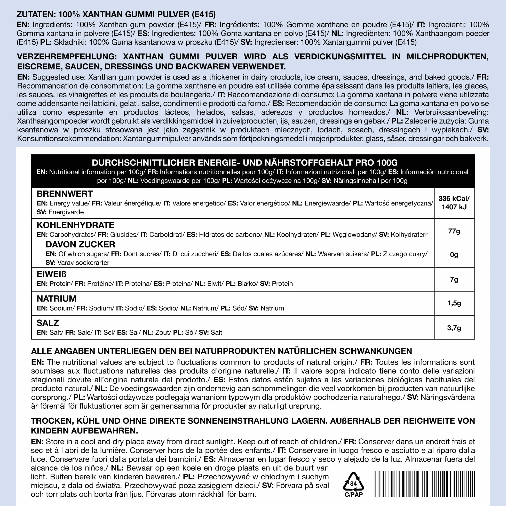 IDDA Goma Xantana en Polvo 100g, Xanthan Gum Sin Gluten, Estabilizador Alimentario Natural
