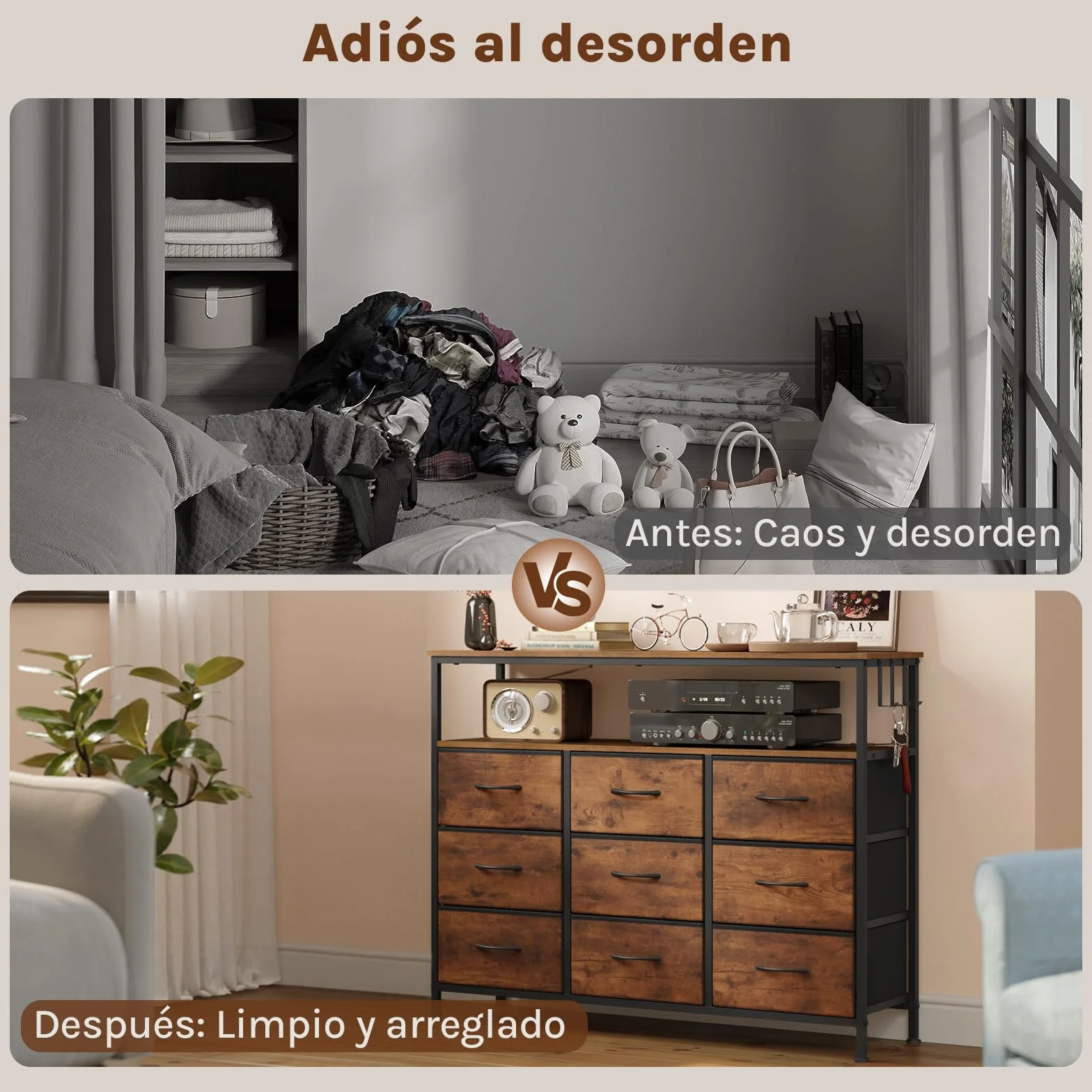 WOLTU Cómoda de 9 Cajones de Tela, Cómoda con Enchufes y Luz LED, 3 Ganchos, Cajonera de Almacenaje para Salon Oficina y Dormitorio, Marco de Metal, 110x30x83,5 cm, Marrón Rústico+Negro