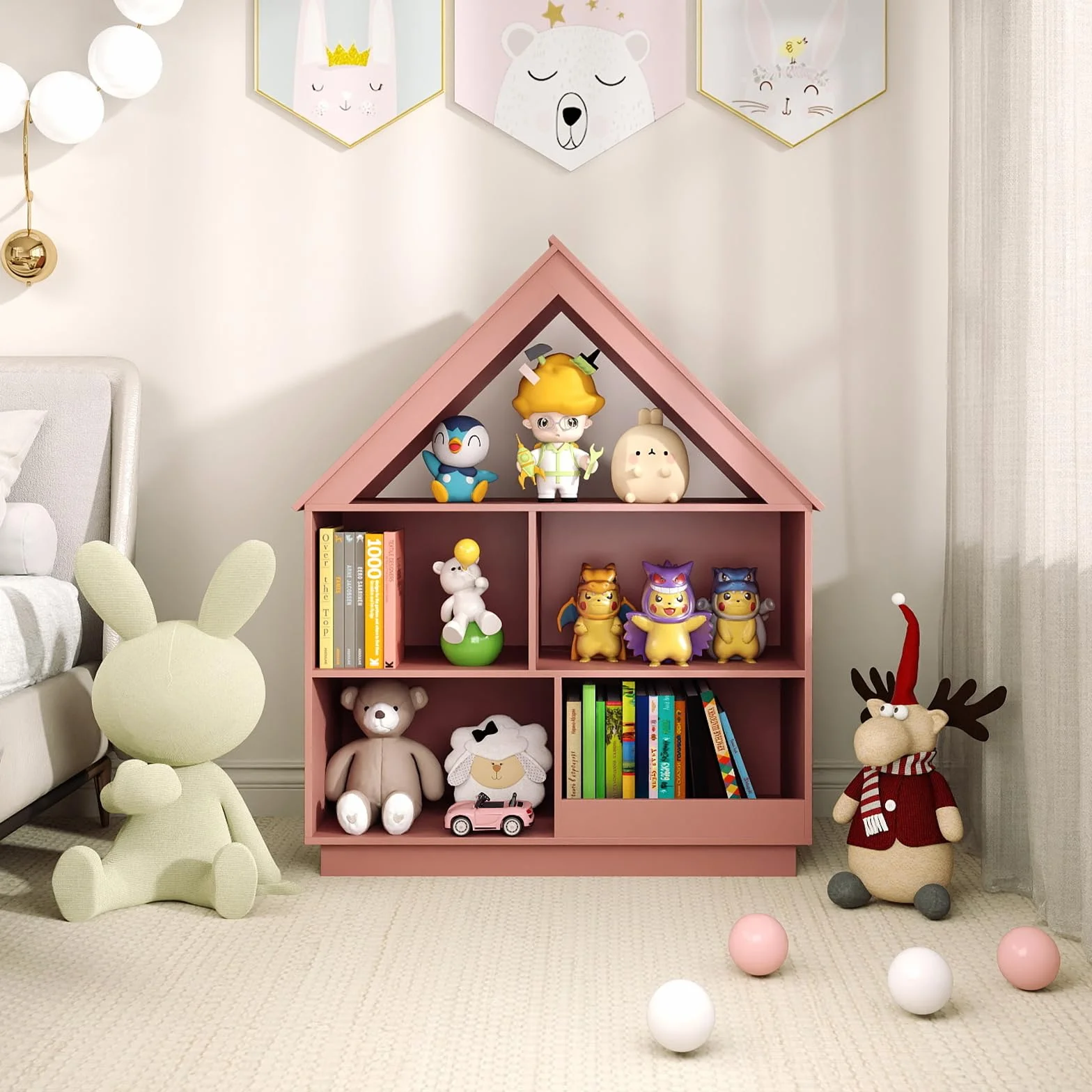 COSTWAY Estantería Infantil para Muñecas, Librería Infantil en Forma de Casa, Armario de Almacenaje de Juguetes de Madera con 5 Cubículos, Estante Abierto de 3 Niveles para Niños (Rosa)