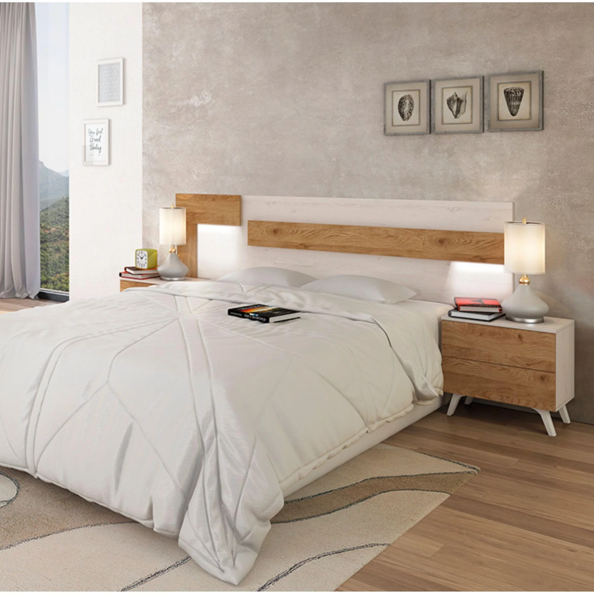 Cabecero de Matrimonio con Luces LED + 2 Mesitas de Noche – Diseño Nórdico en Blanco Veteado y Roble – Dormitorio Moderno.