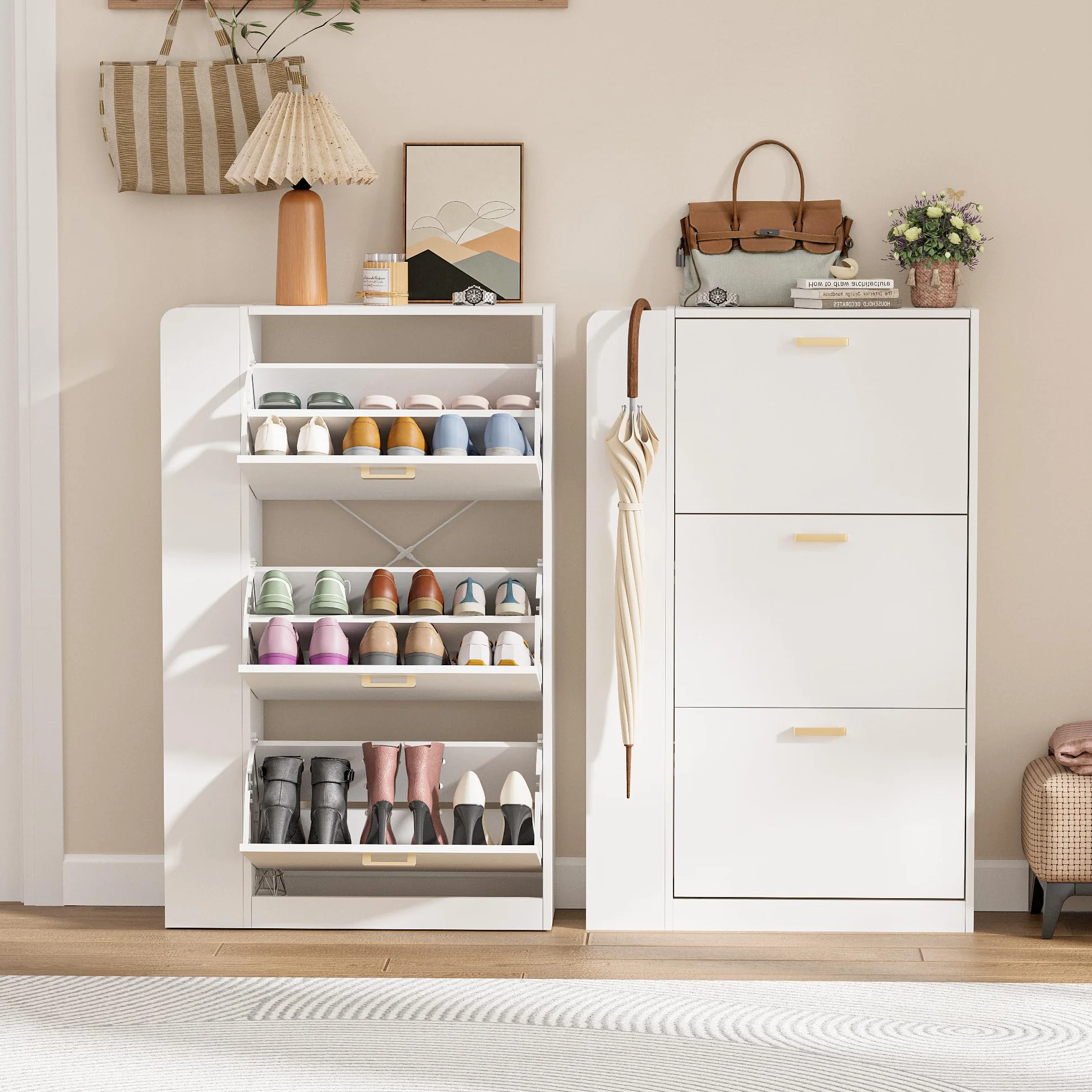 Mueble Zapatero 3 Puertas Zapatero Estrecho con 3 Compartimentos para 18-24 Pares de Zapatos, Armarios Zapatos para Sala de Estar, Pasillo de Entrada, 73,5x24x118cm Blanco