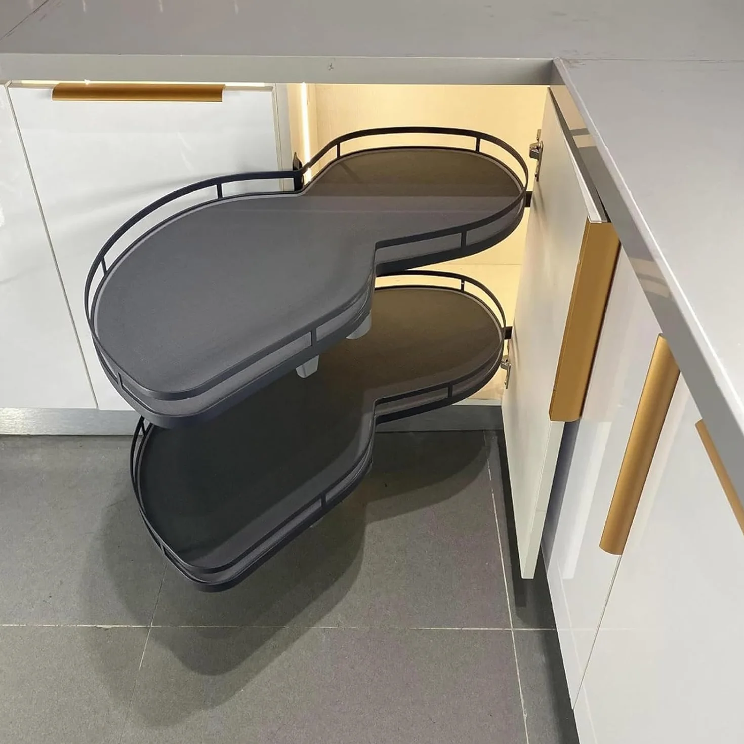 Organizador extraíble para Esquina ciega de gabinete de Cocina, Bandeja oscilante de 2 Niveles para gabinetes de 36 pulgadas/900 mm, estantes Dobles giratorios (Apertura Izquierda y Derecha)