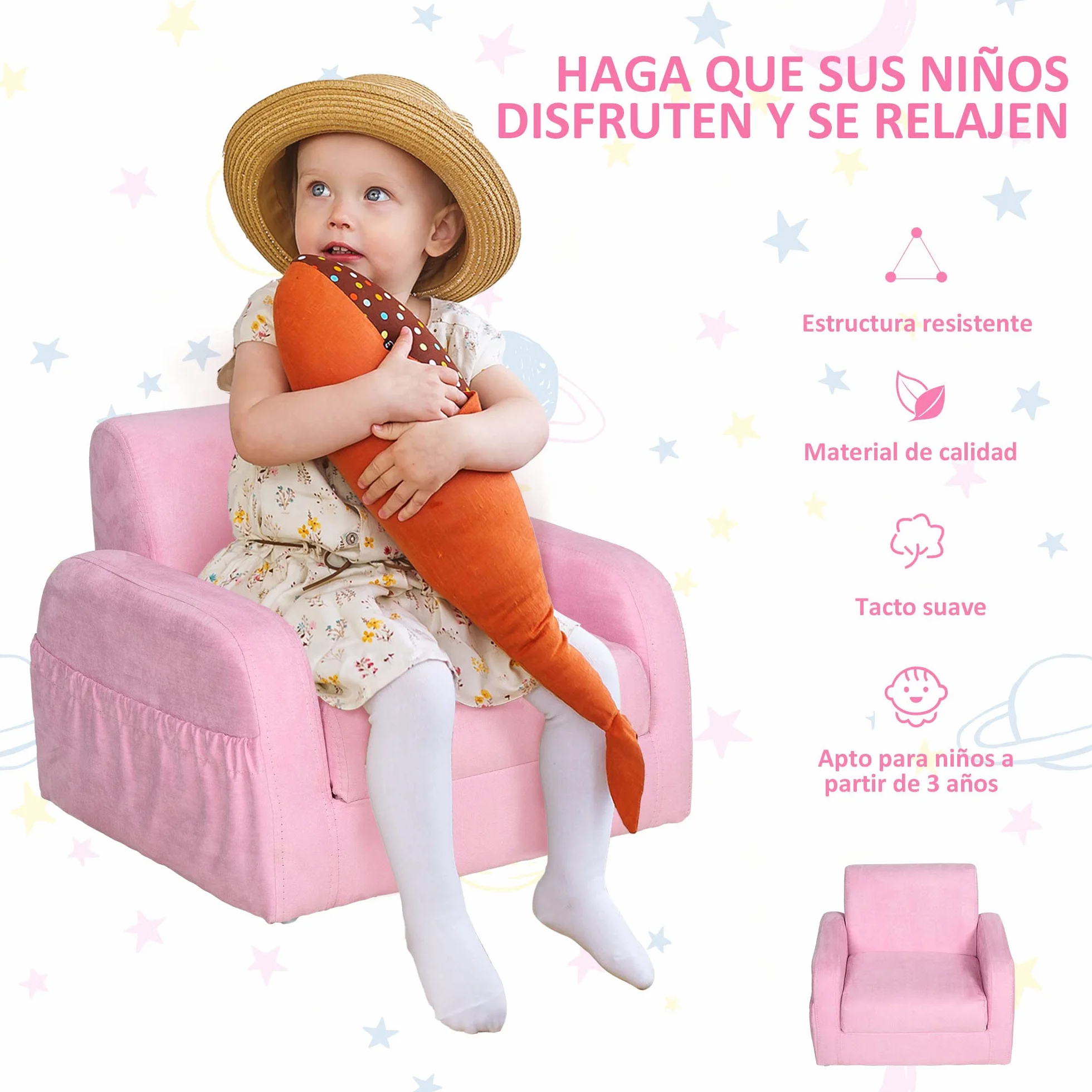 HOMCOM Sillón para Niños de 3 Años Sofá Transformable Diseño 2 en 1 Cama Infantil Plegable de 2 Posiciones con Reposabrazos Asiento Ancho Acolchado 47x45x38 cm Rosa