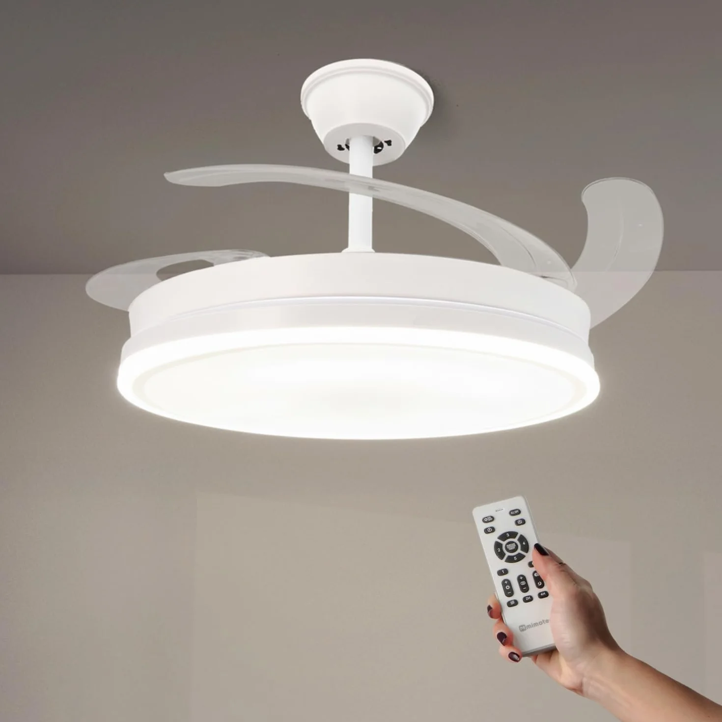 White Olga Ventilador de Techo LED 66W CCT Regulable Motor DC 36W Silencioso 6 Velocidades Aspas Retráctiles