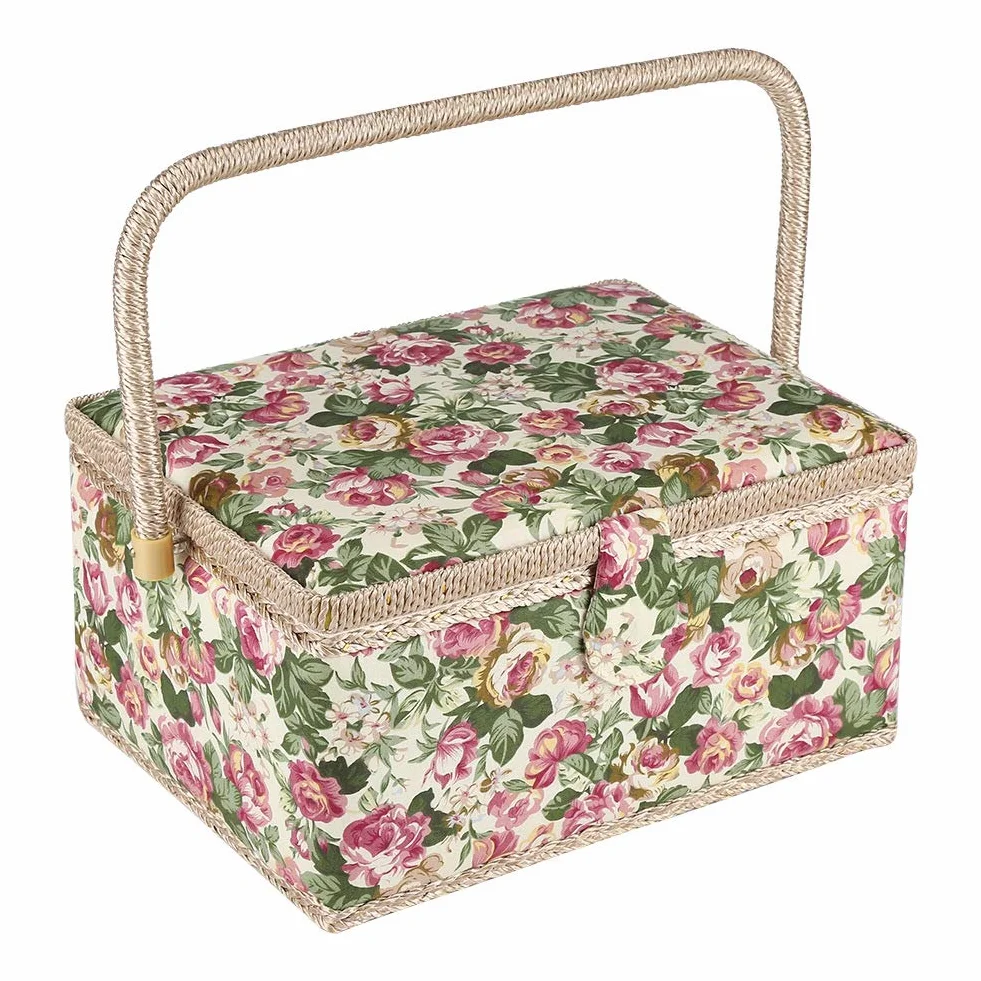 Caja de Costura, Cesta de Tela Caja de Costura, Caja de Almacenamiento de Tela Floral, Estilo Rústico, Con Mango, Para Herramientas de Costura y Accesorios 30.5 x 23 x 15.5 cm