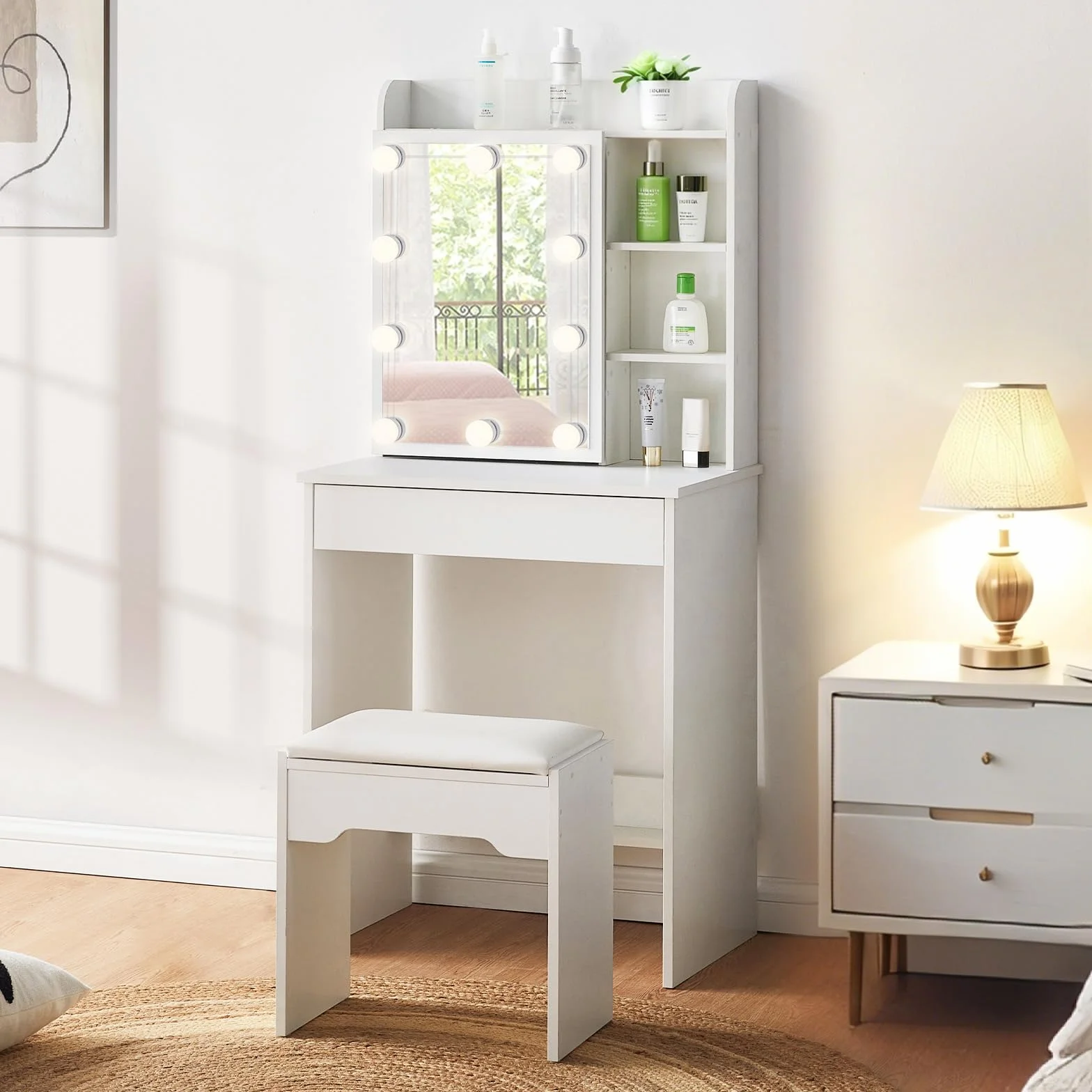 LEMROE Tocador Hollywood con Espejo LED y Taburete, Mesa de Maquillaje Blanca con 7 Estantes y 1 Cajón