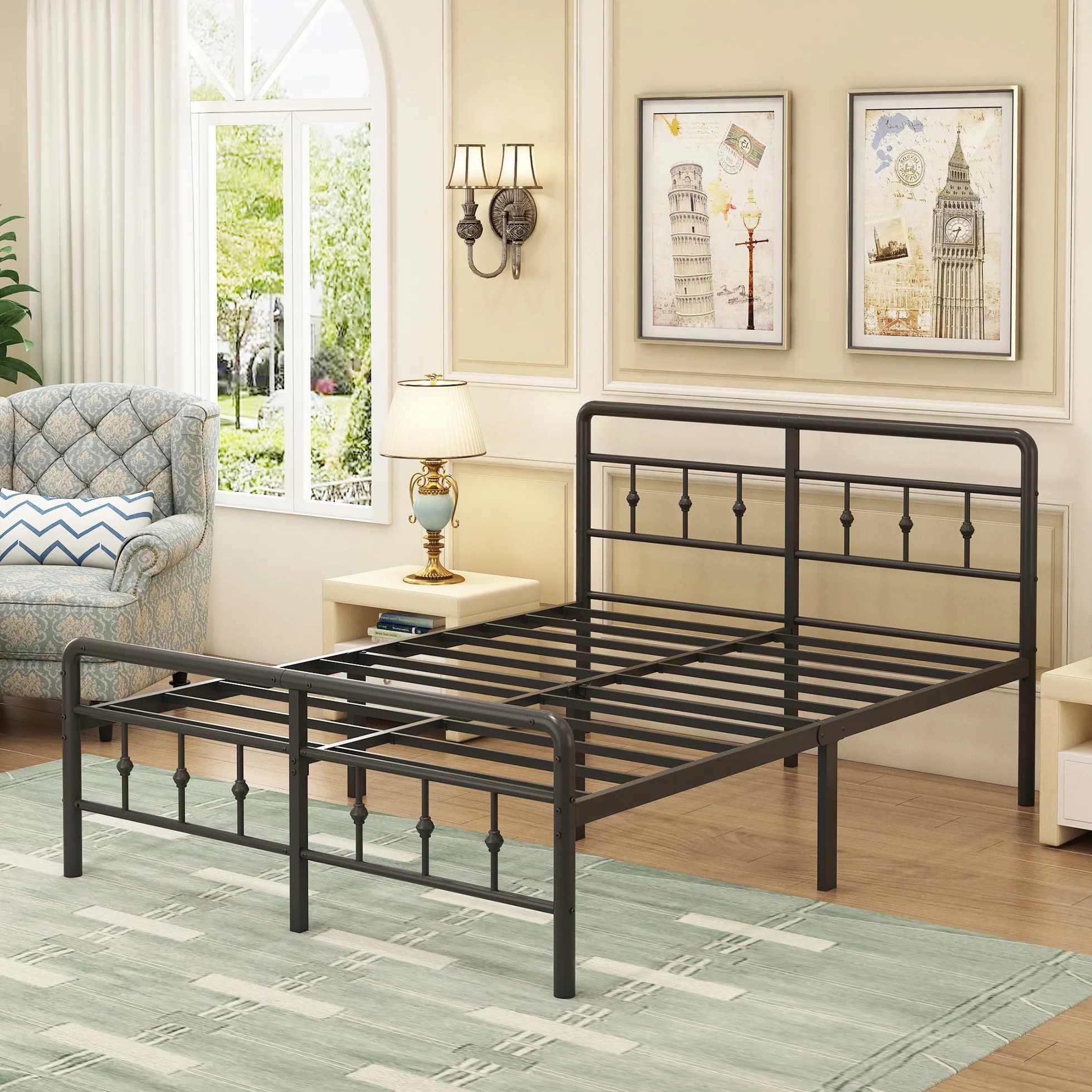 EMODA Cama Matrimonio 150x190 con Cabecero y Piecero, Marco de Almacenamiento 36cm Negro