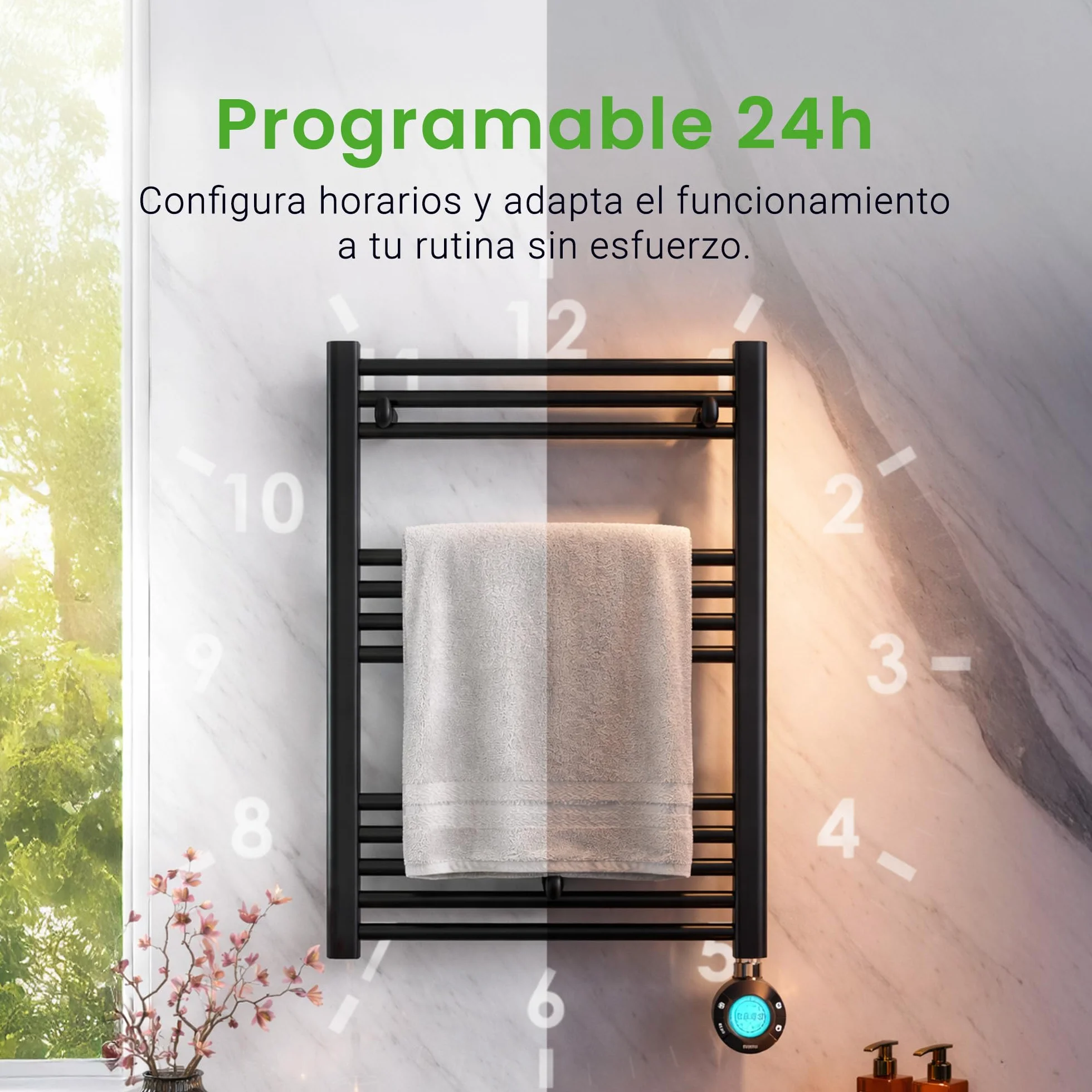ROINTE Calientatoallas Elba Plus, Secatoallas Eléctrico Digital 19 Tubos, Acero, Blanco RAL 9016, 121.5x50x9.5 cm, 500W, Panel LCD Táctil