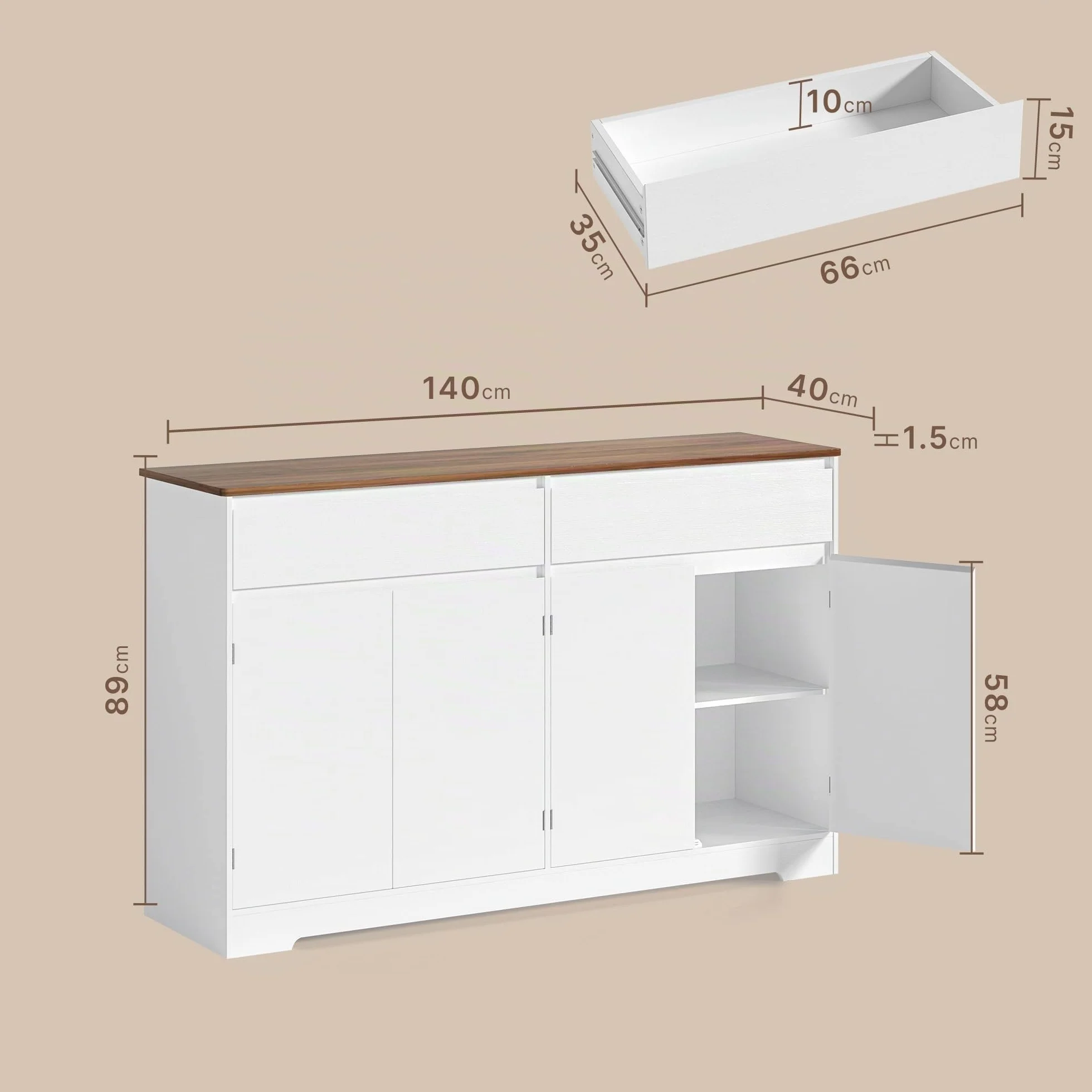 Xbro Aparador de Cocina, Mueble Auxiliar de Almacenaje con Cajón, para Cocina, Salón y Comedor, de Estilo Moderno, 140×40×89 cm